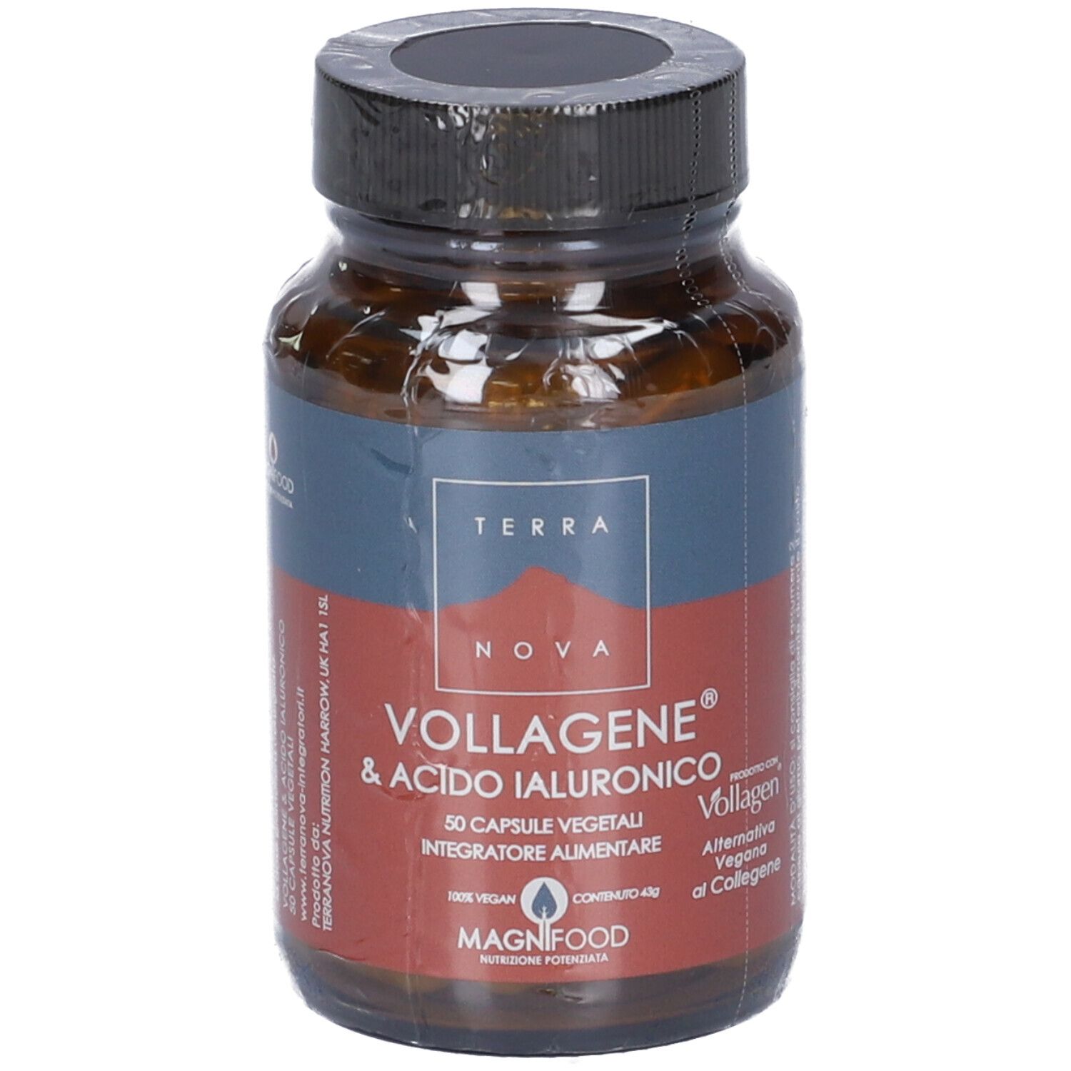 Flacone di vetro marrone con tappo nero. Etichetta con nome prodotto: Terra Nova Vollagene & Acido Ialuronico. 50 capsule.