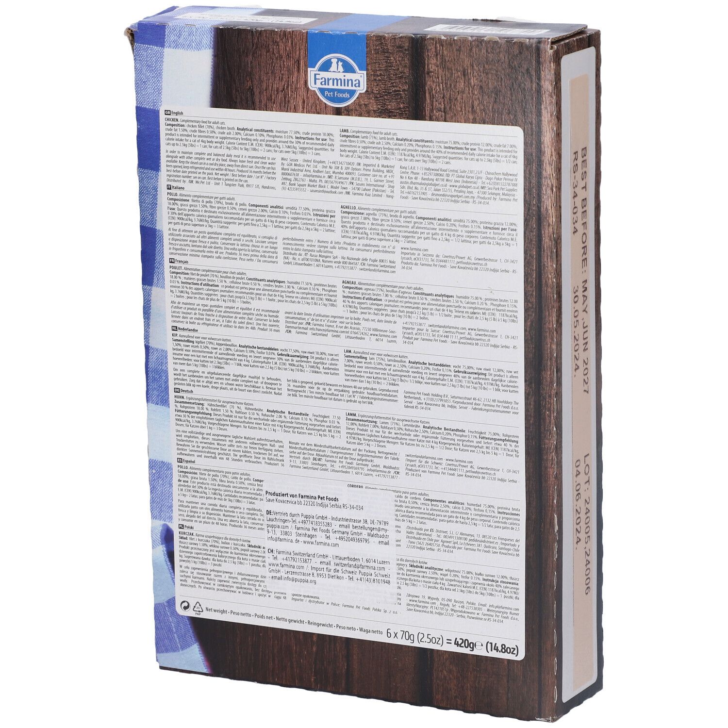 Retro della confezione con testo. Aspetto legno e motivo a quadri blu e bianchi. Testo: informazioni sul prodotto in più lingue.