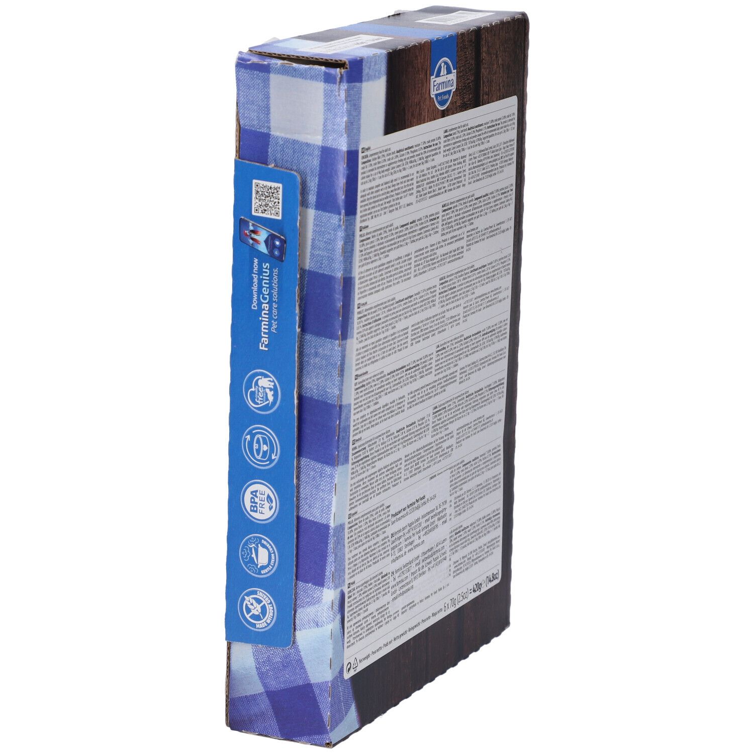 Vista laterale della confezione con motivo a quadri blu e bianchi. Testo: Farmina Genius, codice QR e pittogrammi.