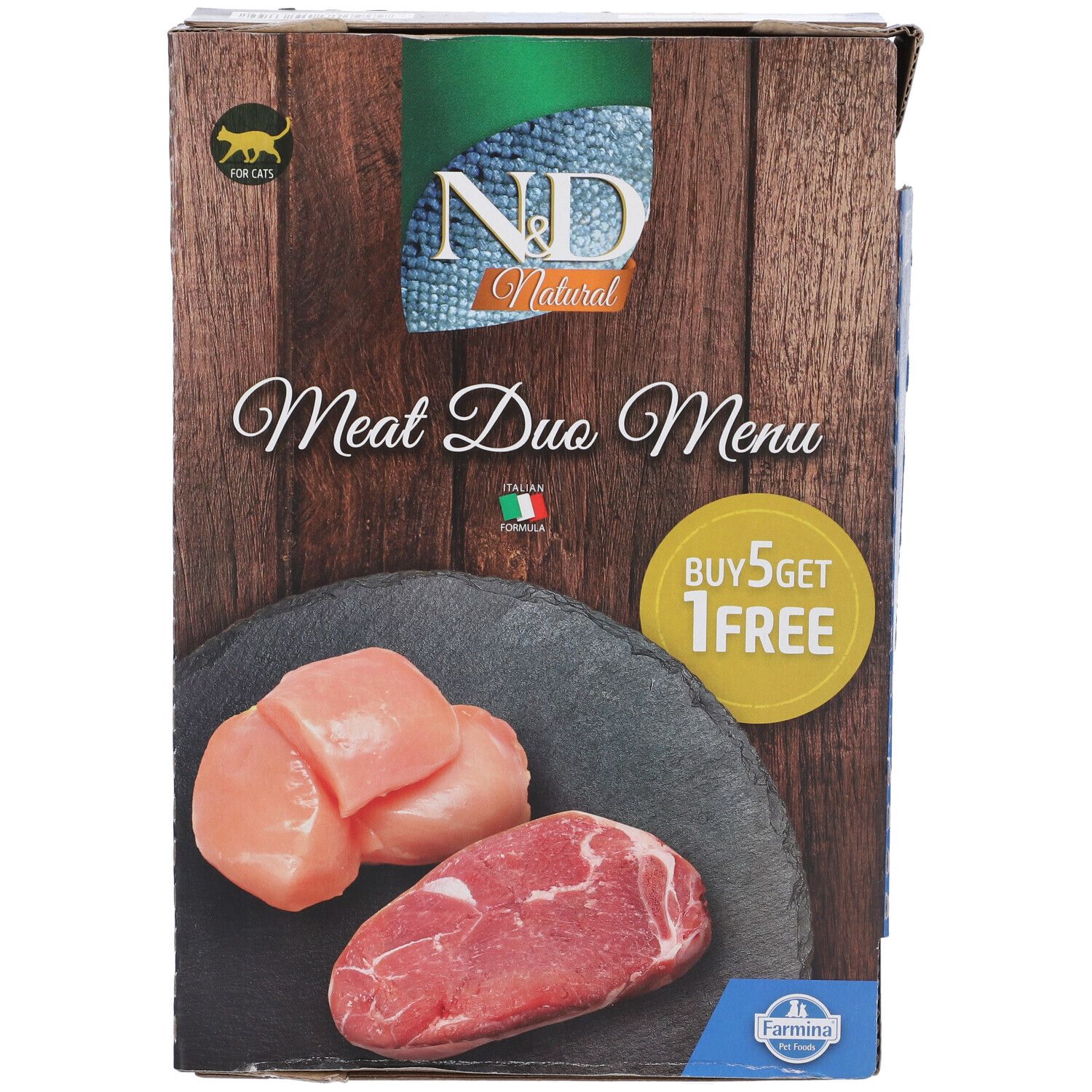 Scatola con immagine del prodotto: pezzi di carne su ardesia. Testo: Meat Duo Menu, Buy 5 Get 1 Free. Logo: Farmina.