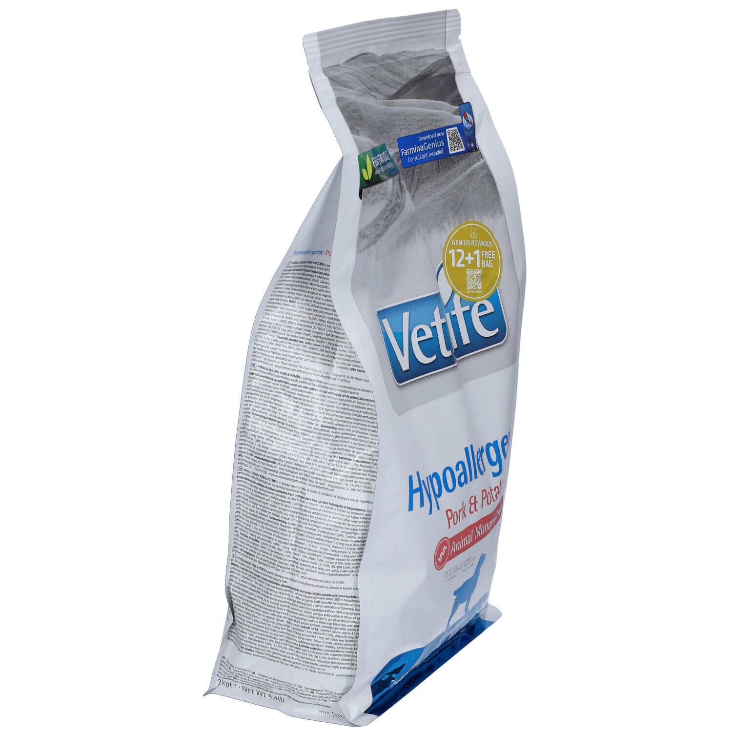 Sacchetto di cibo per cani, in diagonale. Scritta: Vet Life Hypoallergenic Pork & Potato.