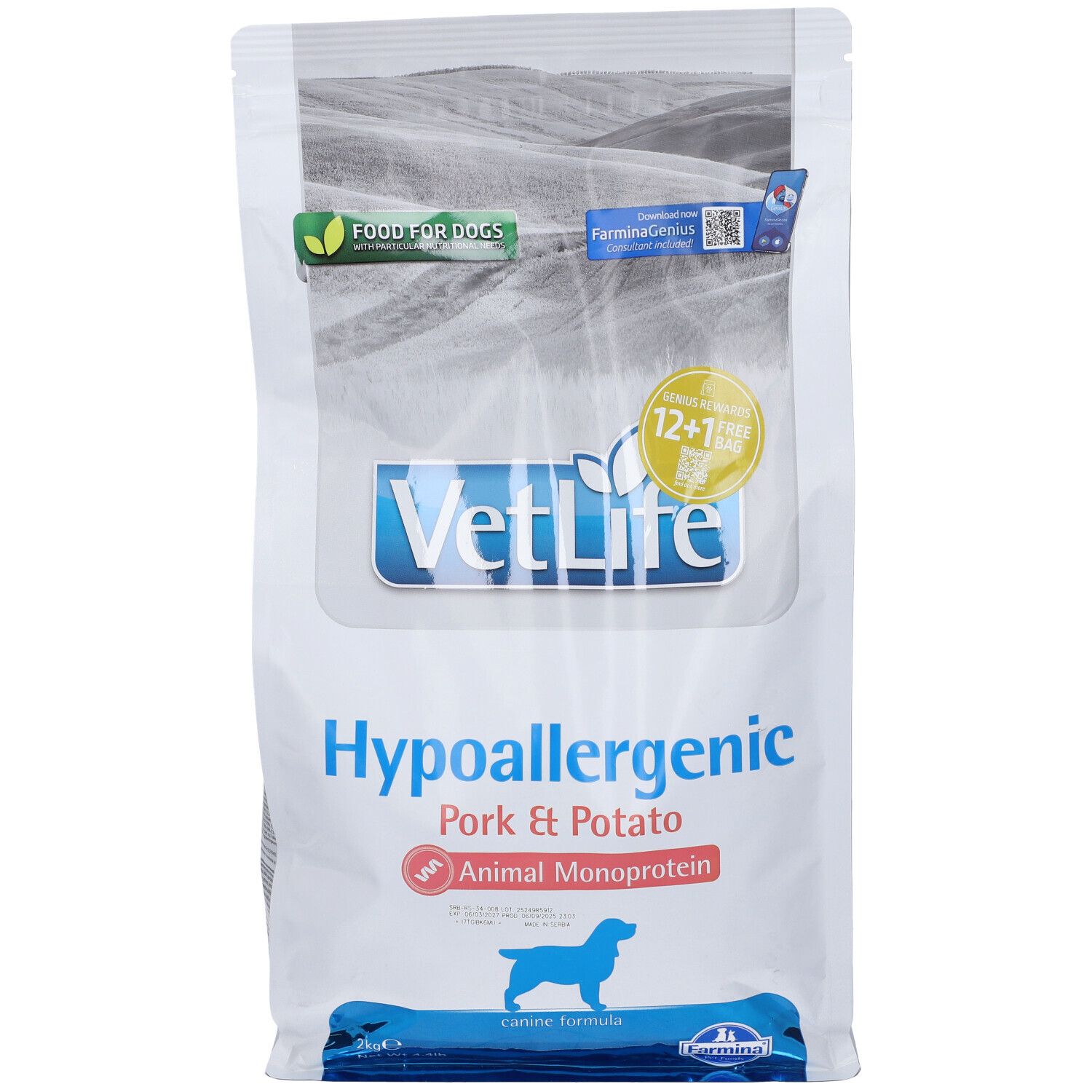 Sacchetto di cibo per cani. Scritta: Vet Life Hypoallergenic Pork & Potato. Logo con cane.