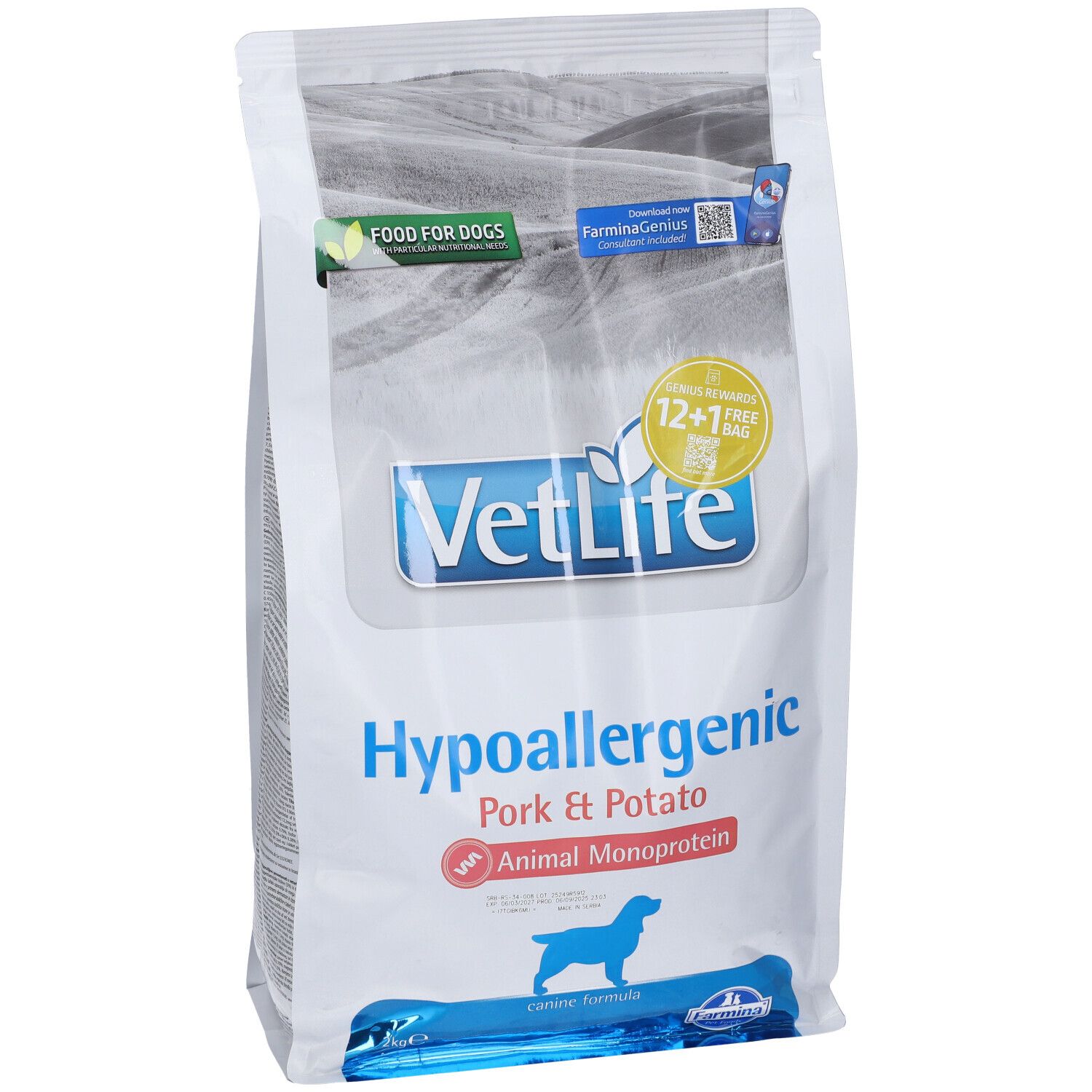 Sacchetto di cibo per cani. Scritta: Vet Life Hypoallergenic Pork & Potato. Logo con cane. 12+1 gratis.