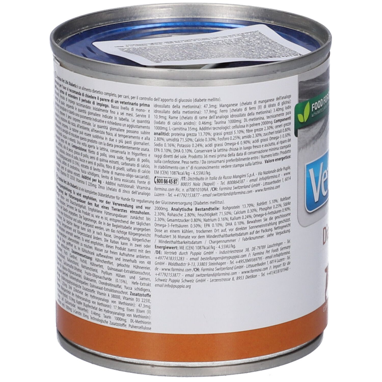 Lattina di cibo per cani, vista laterale. Etichetta con testo in più lingue. Scritta VetLife Diabetic. Lattina con linguetta.