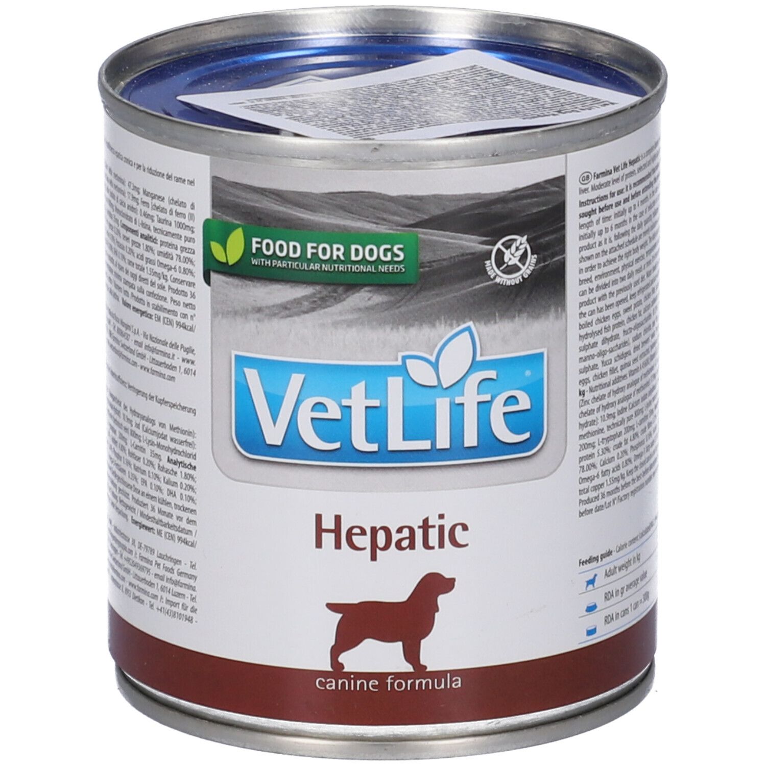 Lattina di cibo per cani VetLife Hepatic. Lattina con coperchio, etichetta con logo, nome del prodotto e silhouette di cane. Scritta: Food for Dogs.