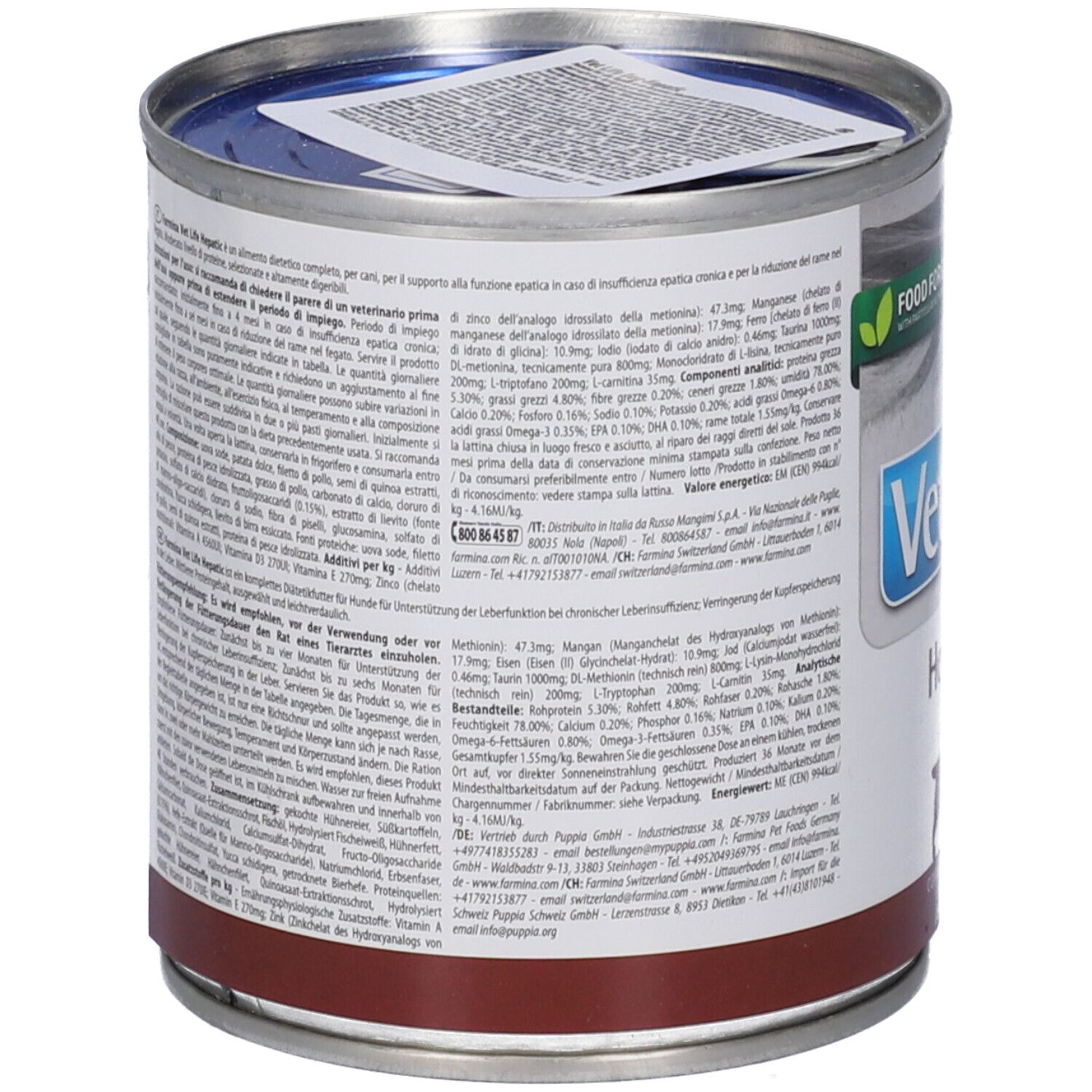Lattina di cibo per cani VetLife Hepatic. Lattina con coperchio, etichetta con testo. Vista dettagliata degli ingredienti e delle informazioni nutrizionali. Striscia marrone in basso.