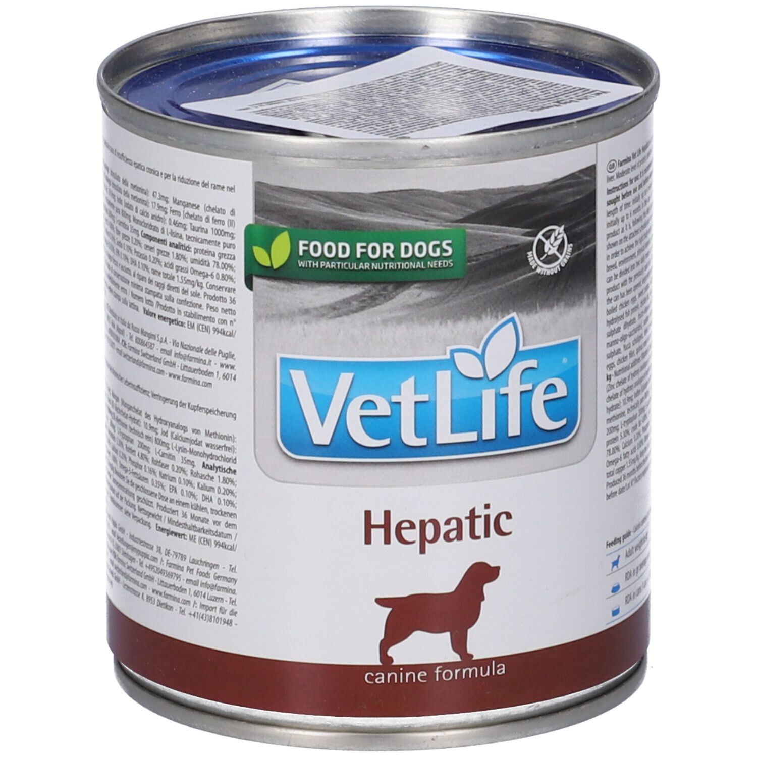 Lattina di cibo per cani VetLife Hepatic. Lattina con coperchio, etichetta con logo, nome del prodotto e silhouette di cane. Scritta: Food for Dogs.