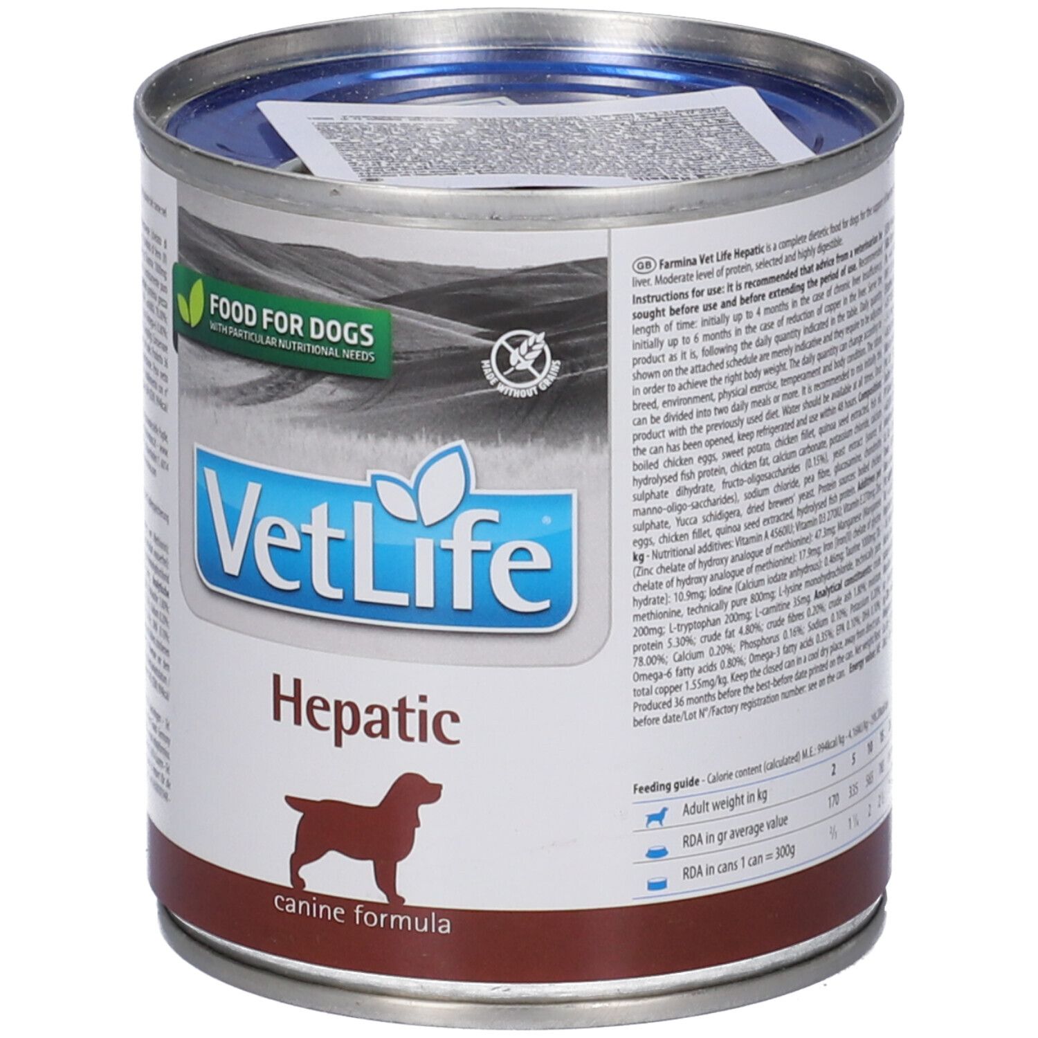 Lattina di cibo per cani VetLife Hepatic. Lattina con coperchio, etichetta con logo, nome del prodotto e silhouette di cane. Scritta: Food for Dogs.
