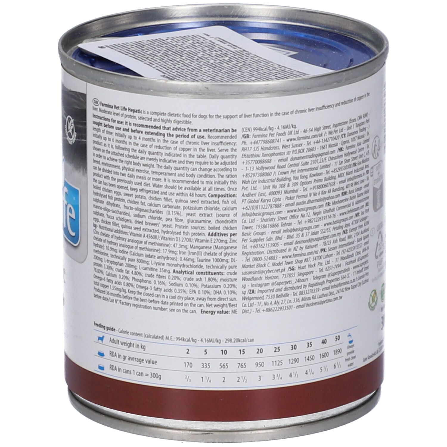 Lattina di cibo per cani VetLife Hepatic. Lattina con coperchio, etichetta con testo. Vista dettagliata degli ingredienti e delle informazioni nutrizionali. Striscia marrone in basso.