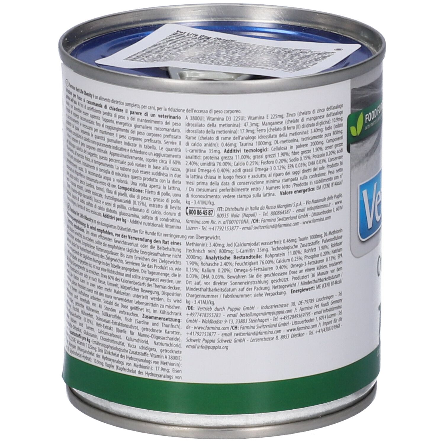 Retro della lattina. Testo in più lingue. Banda verde in basso. Lattina metallica con coperchio.