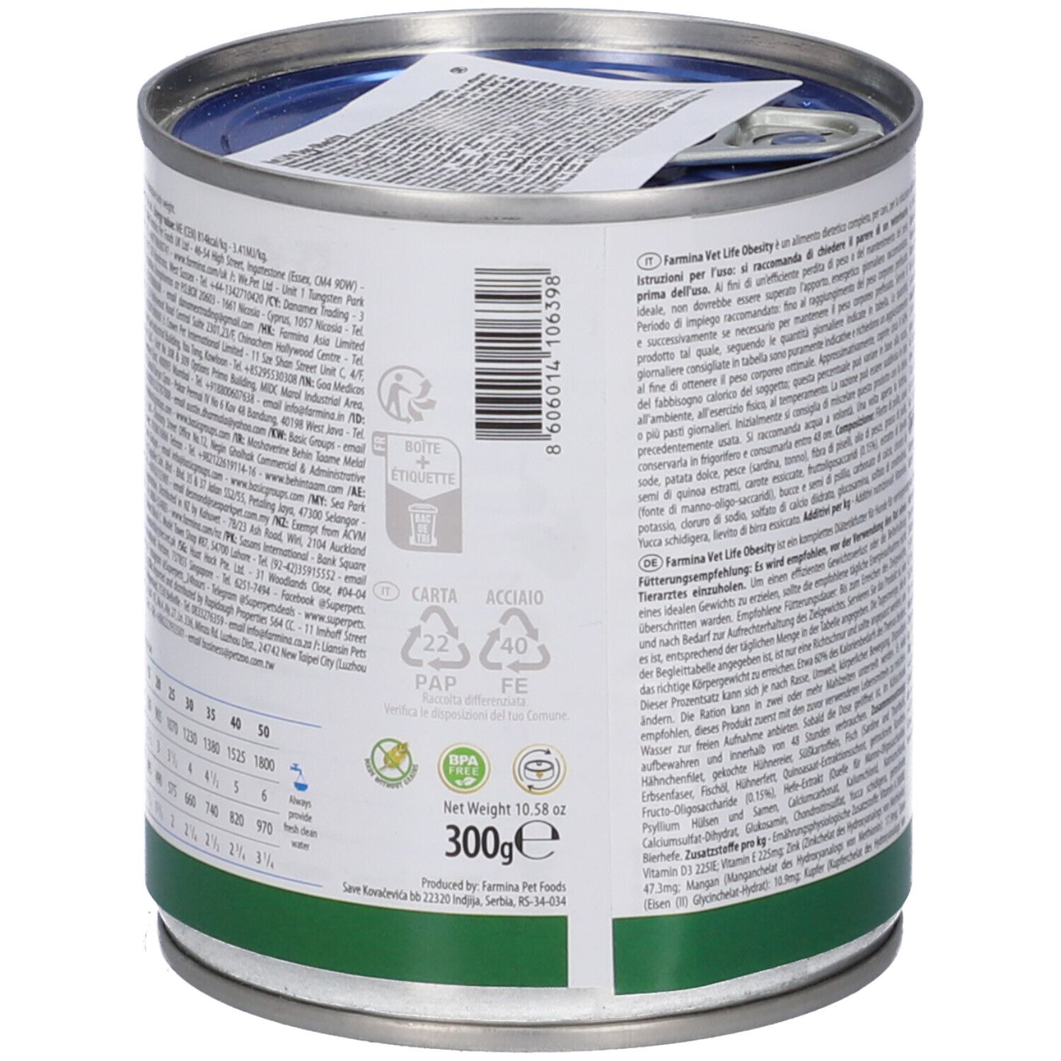 Retro della lattina. Testo in più lingue. Banda verde in basso. 300g. Simboli di riciclaggio.