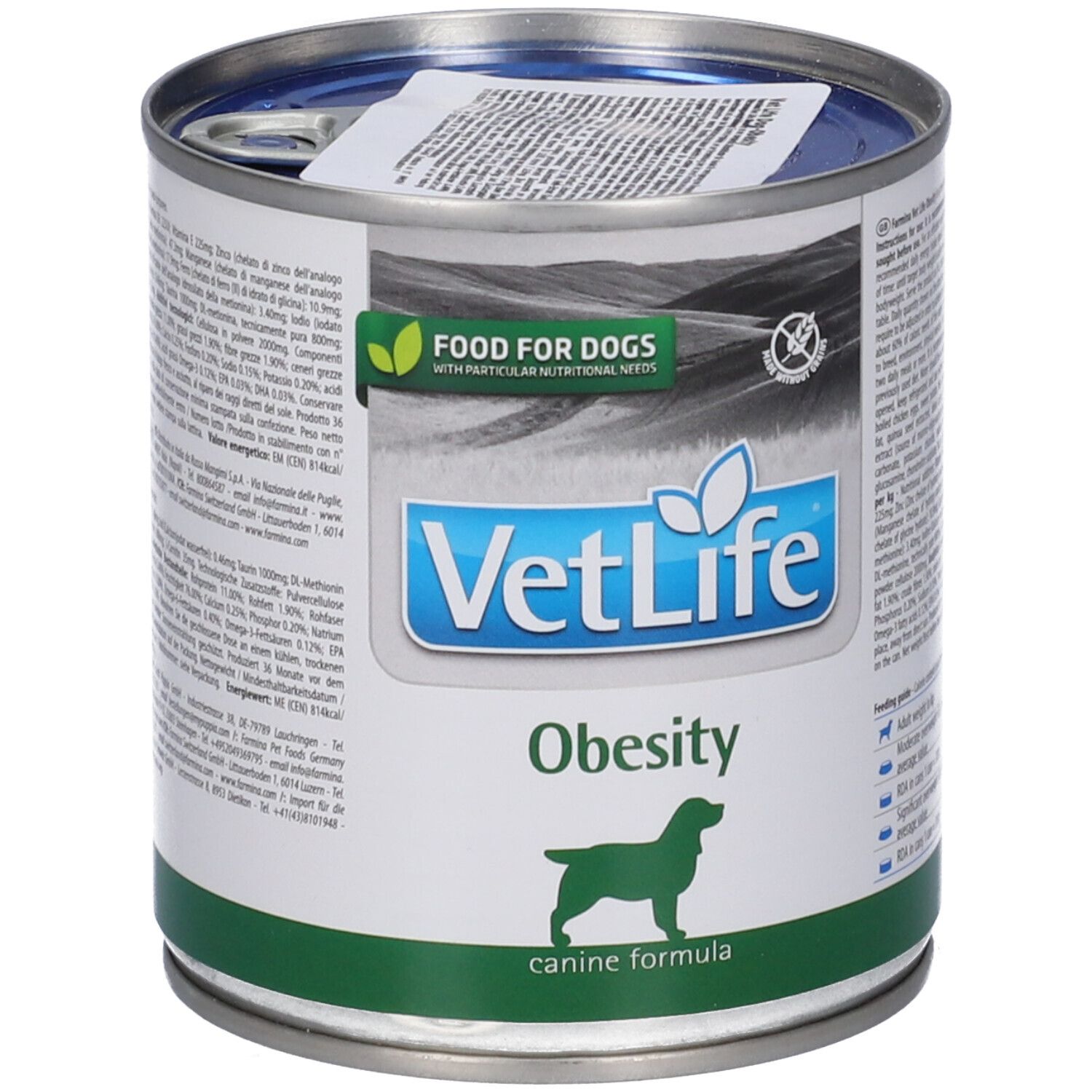 Lattina metallica con etichetta. Scritta: VetLife Obesity, Food for Dogs. Banda verde in basso. Silhouette di cane.