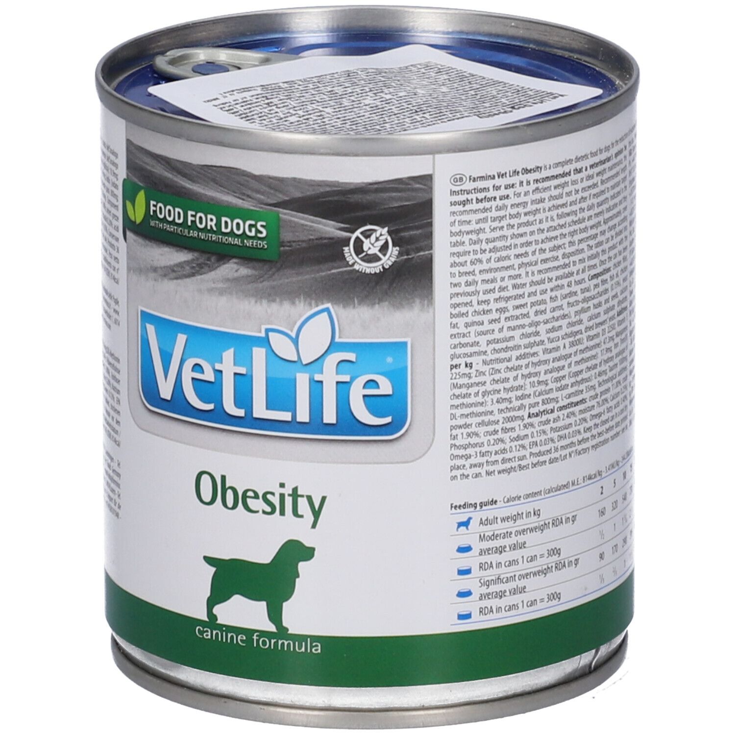 Lattina metallica con etichetta. Scritta: VetLife Obesity, Food for Dogs. Banda verde in basso. Silhouette di cane.