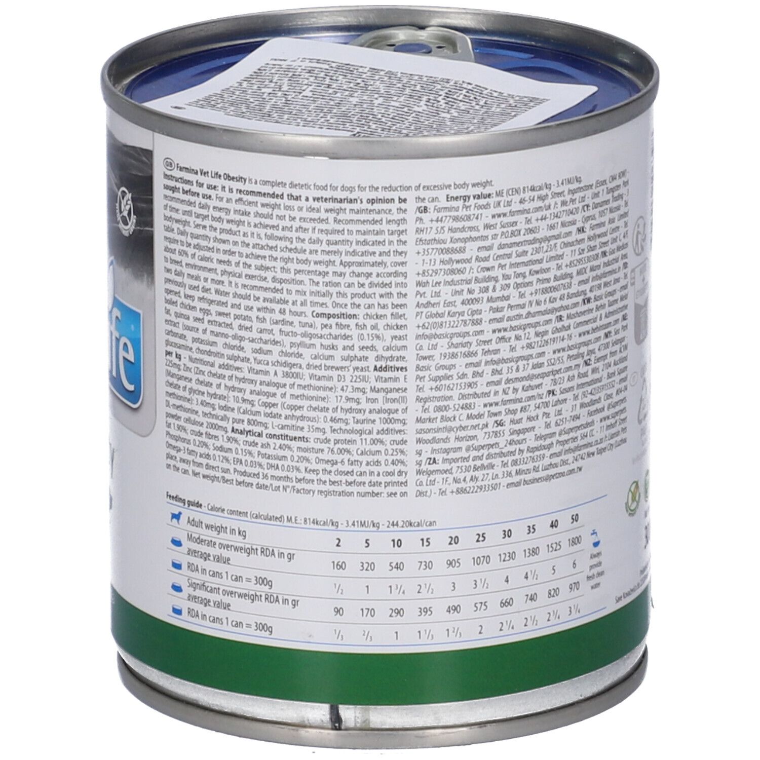 Retro della lattina. Testo in più lingue. Banda verde in basso. Raccomandazioni per l'alimentazione. Lattina metallica.