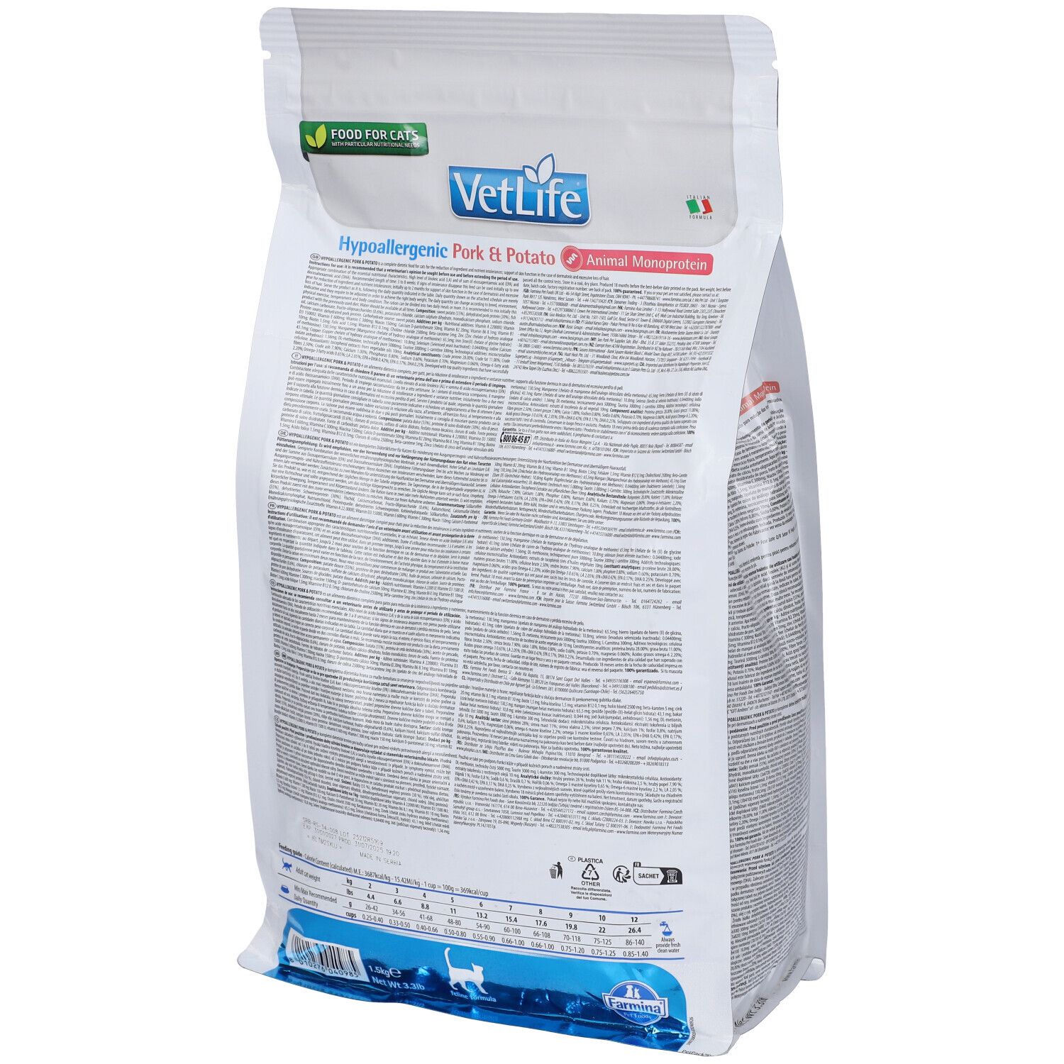 Retro del sacchetto di cibo per gatti. Scritta: Vet Life Hypoallergenic Pork & Potato. Contiene monoproteina animale. Testo e loghi.