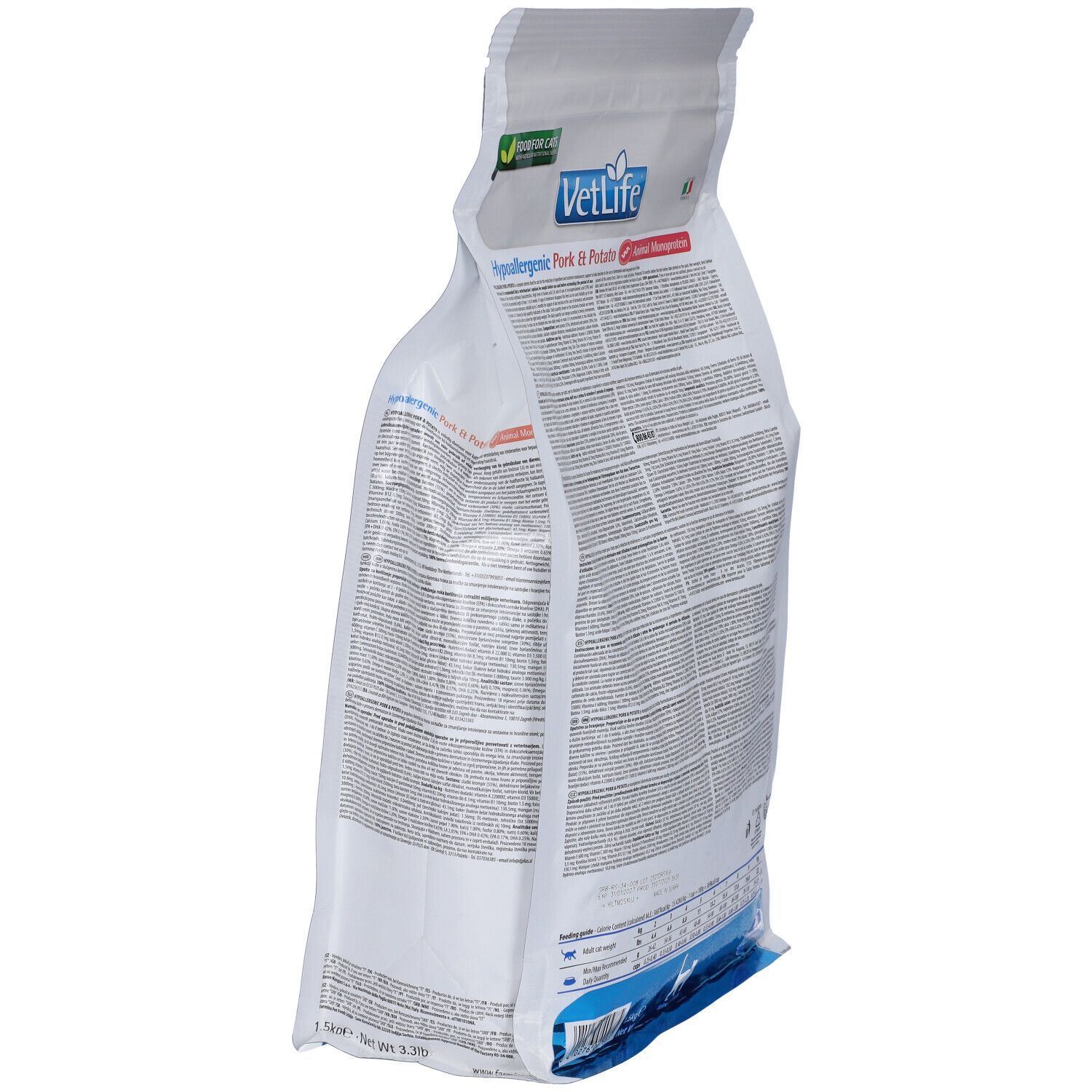 Sacchetto di cibo per gatti, vista laterale. Scritta: Vet Life Hypoallergenic Pork & Potato. Contiene monoproteina animale. Testo e loghi.