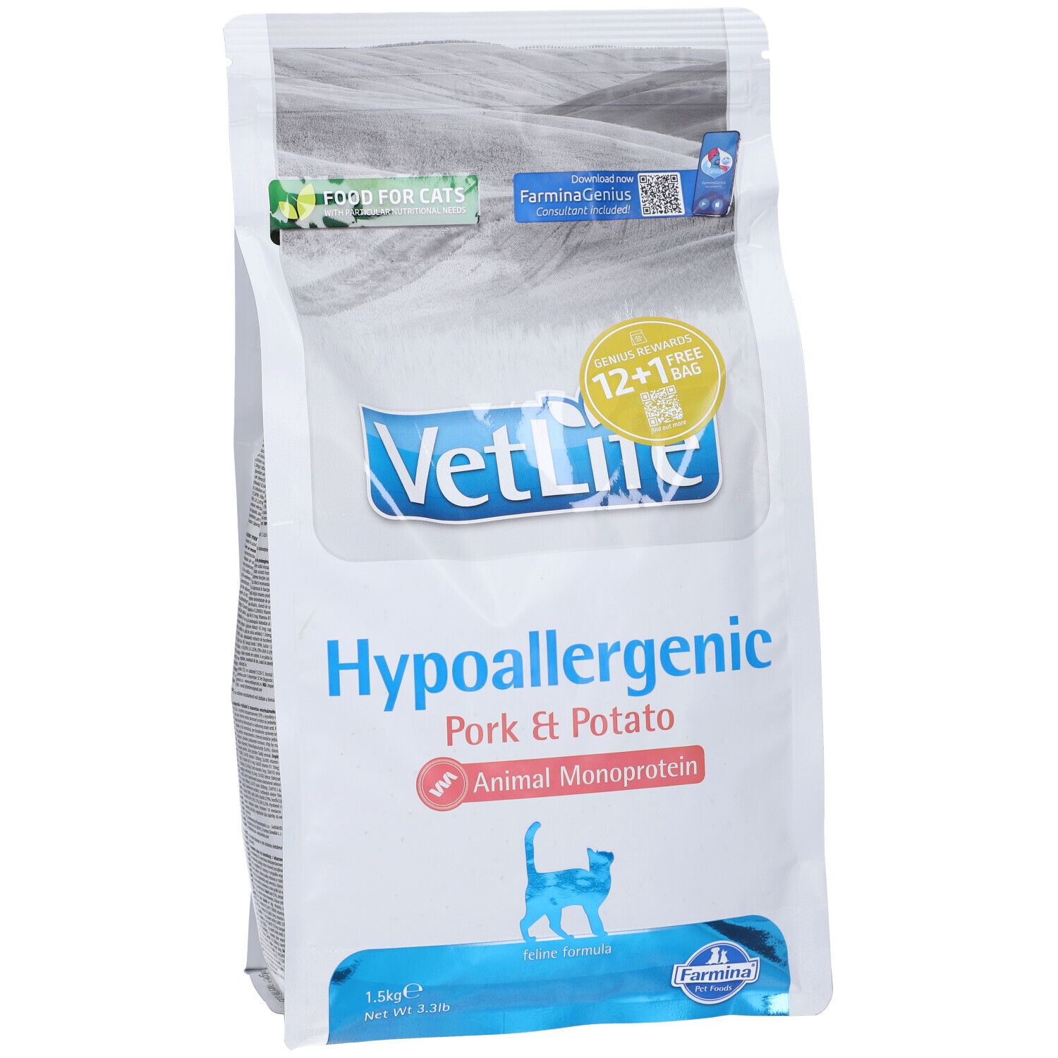 Sacchetto di cibo per gatti. Scritta: Vet Life Hypoallergenic Pork & Potato. Contiene monoproteina animale. 1,5 kg. Feline Formula.