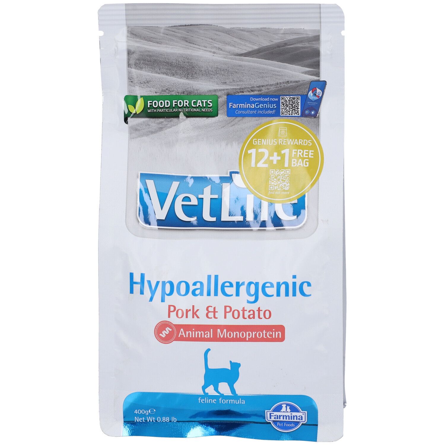 Sacchetto di cibo secco per gatti. Scritta: VetLife Hypoallergenic Pork & Potato. Con loghi e testo.