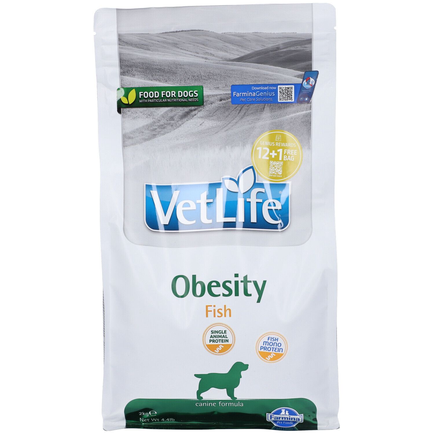 Sacchetto bianco Vet Life Obesity Fish. Loghi e testo: Food for Dogs, Farmina Genius, 12+1 gratis, Single Animal Protein, Fish mono protein.