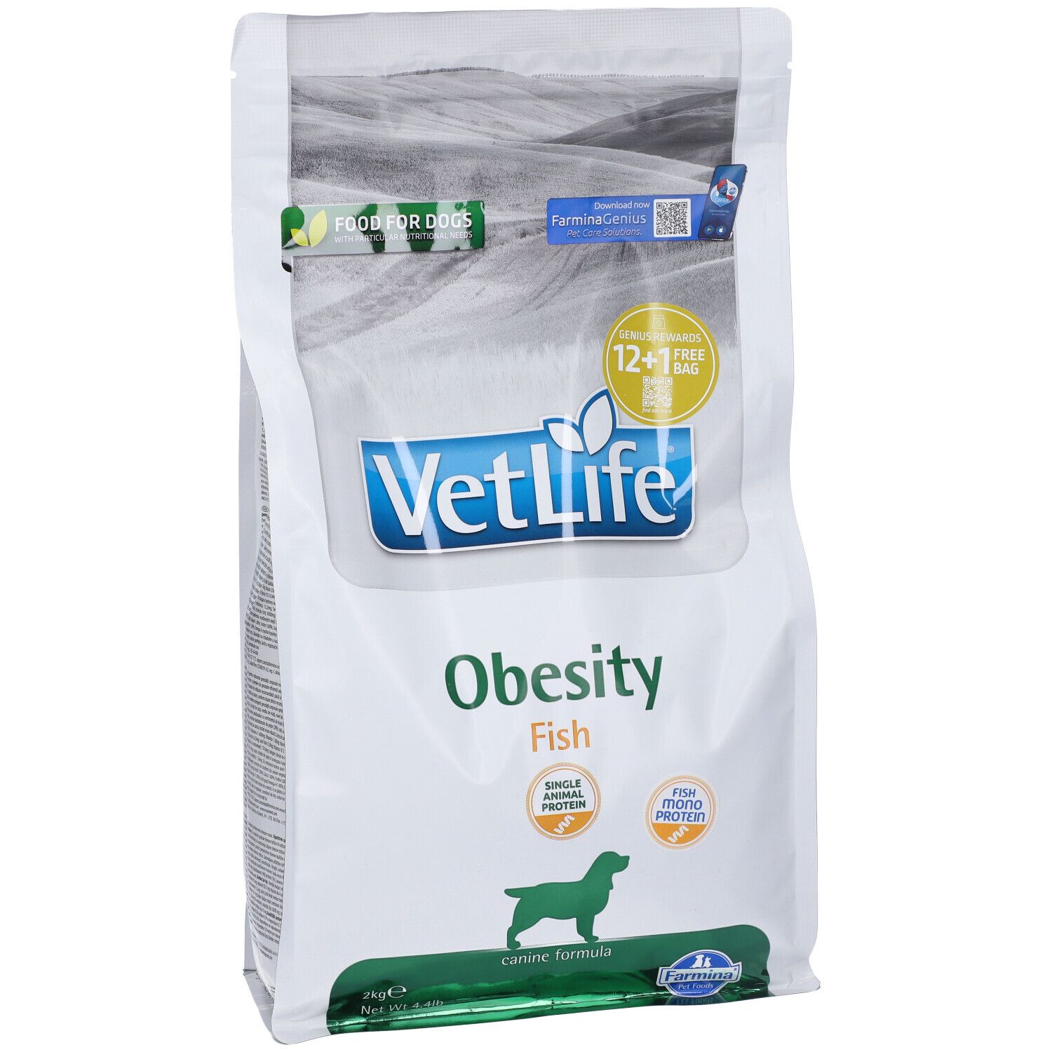 Sacchetto bianco Vet Life Obesity Fish. Loghi e testo: Food for Dogs, Farmina Genius, 12+1 gratis, Single Animal Protein, Fish mono protein.