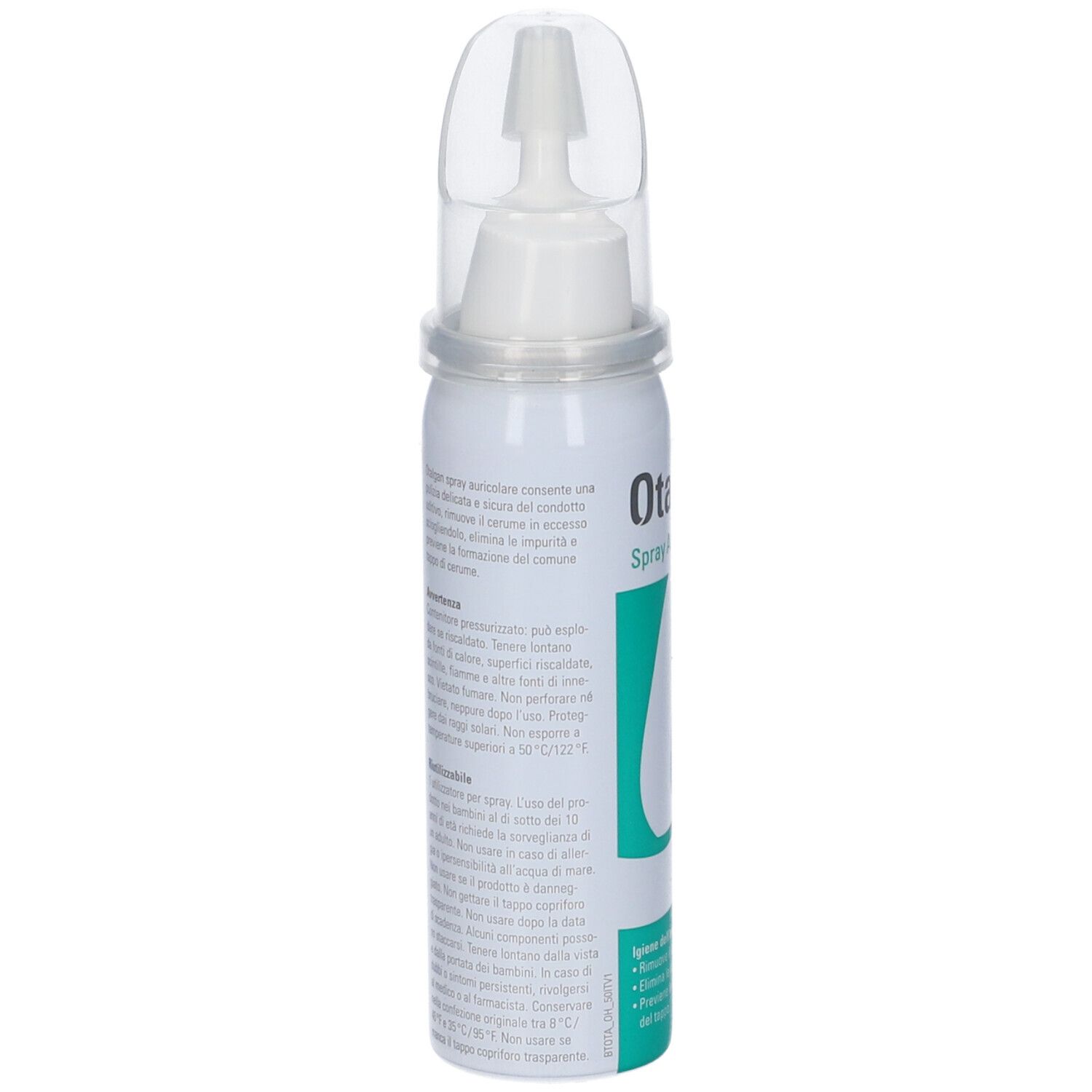 Otalgan Spray Auricolare. Flacone spray bianco con testo e beccuccio. Vista posteriore con informazioni sul prodotto.