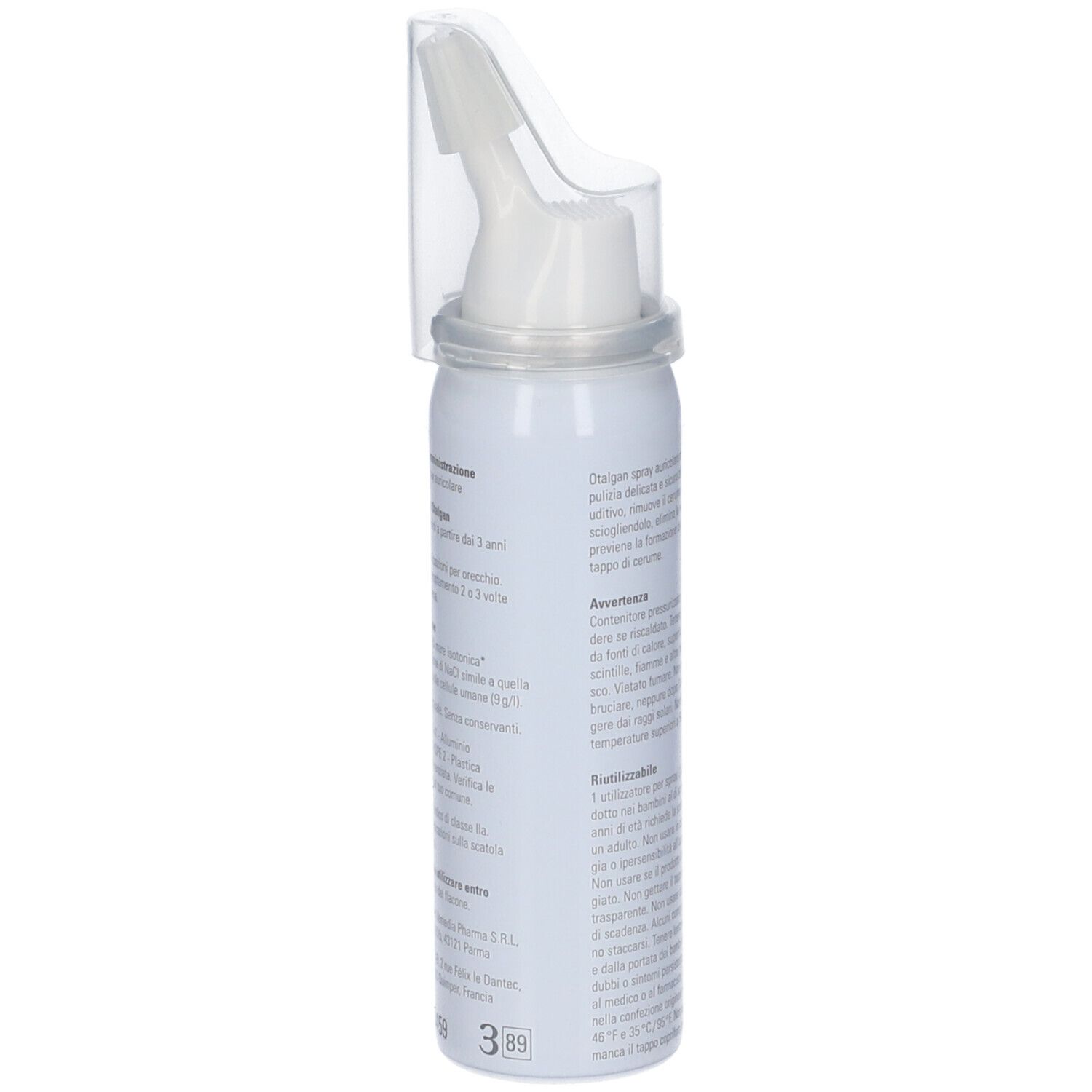 Otalgan Spray Auricolare. Flacone spray bianco con testo e beccuccio. Vista laterale con informazioni sul prodotto.