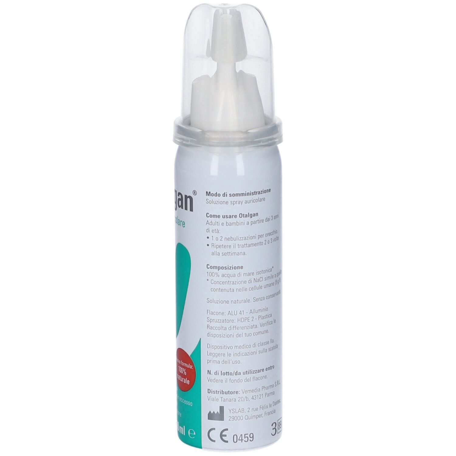 Otalgan Spray Auricolare. Flacone spray bianco con testo e beccuccio. Vista dettagliata con informazioni sul prodotto.