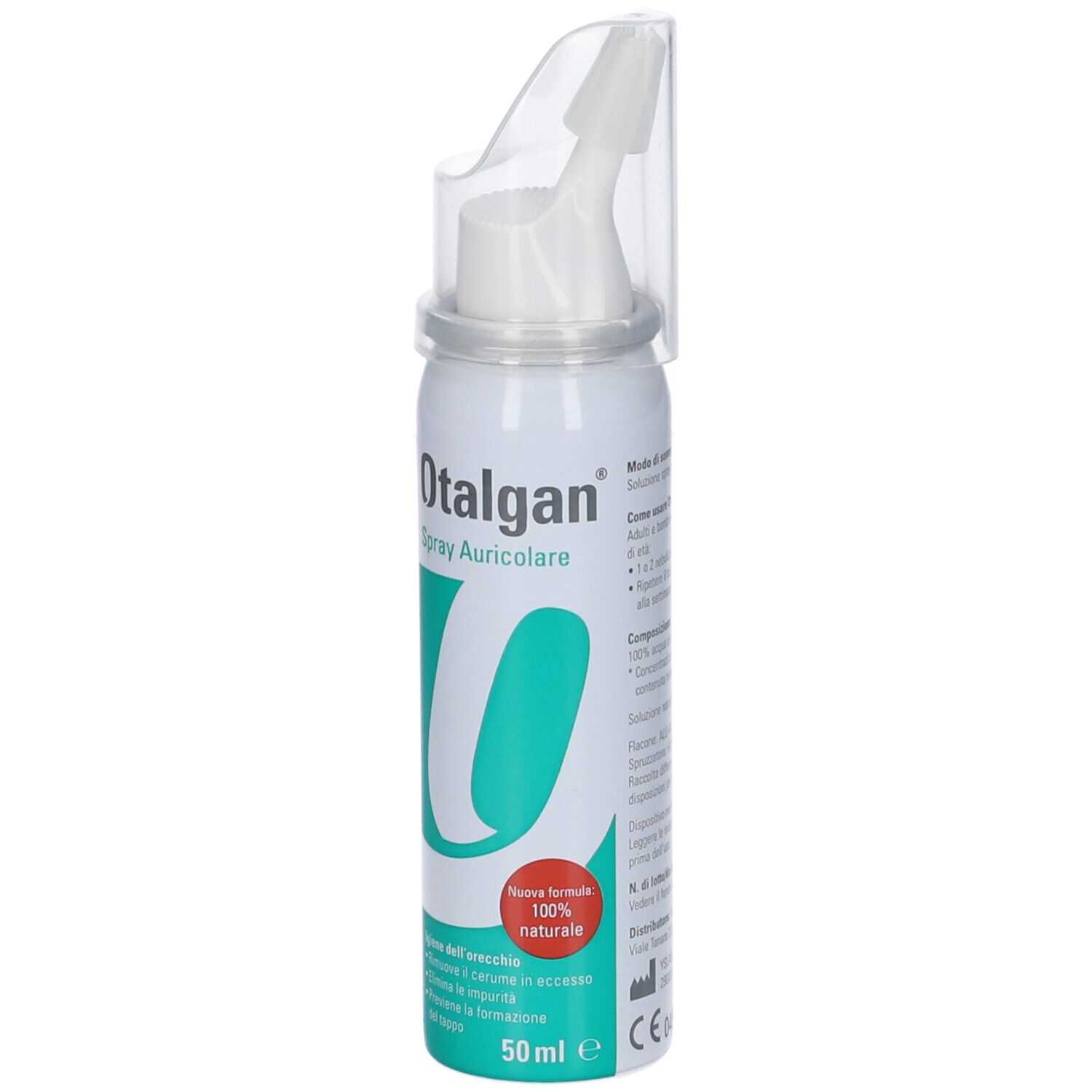 Otalgan Spray Auricolare. Flacone spray bianco con testo e beccuccio. Primo piano con adesivo rosso.