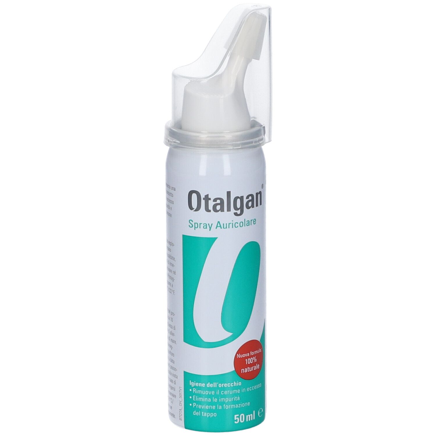 Otalgan Spray Auricolare. Flacone spray bianco con testo e beccuccio. Primo piano con adesivo rosso.