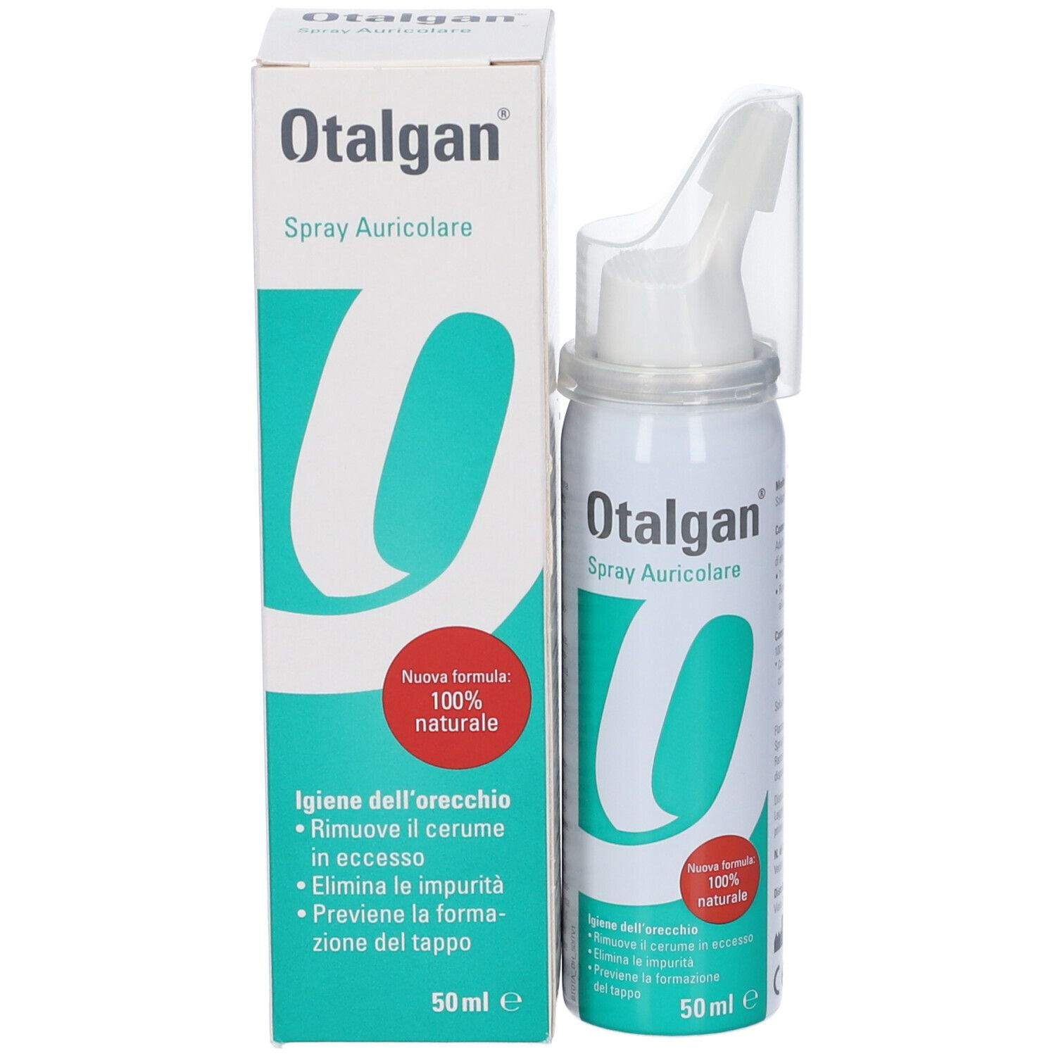 Otalgan Spray Auricolare e confezione. Flacone spray bianco e scatola. Adesivo rosso sulla confezione.