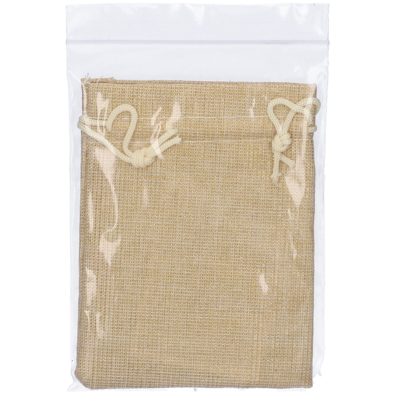 Sacchetto di stoffa beige in confezione di plastica. Chiusura con coulisse in alto. Vista sulla trama del tessuto.