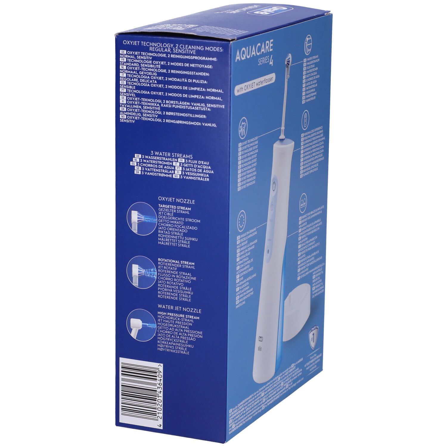 Oral-B Aquacare 4. Confezione con idropulsore. Apparecchio bianco con dettagli blu. Testo: Tough on plaque, gentle on gums.