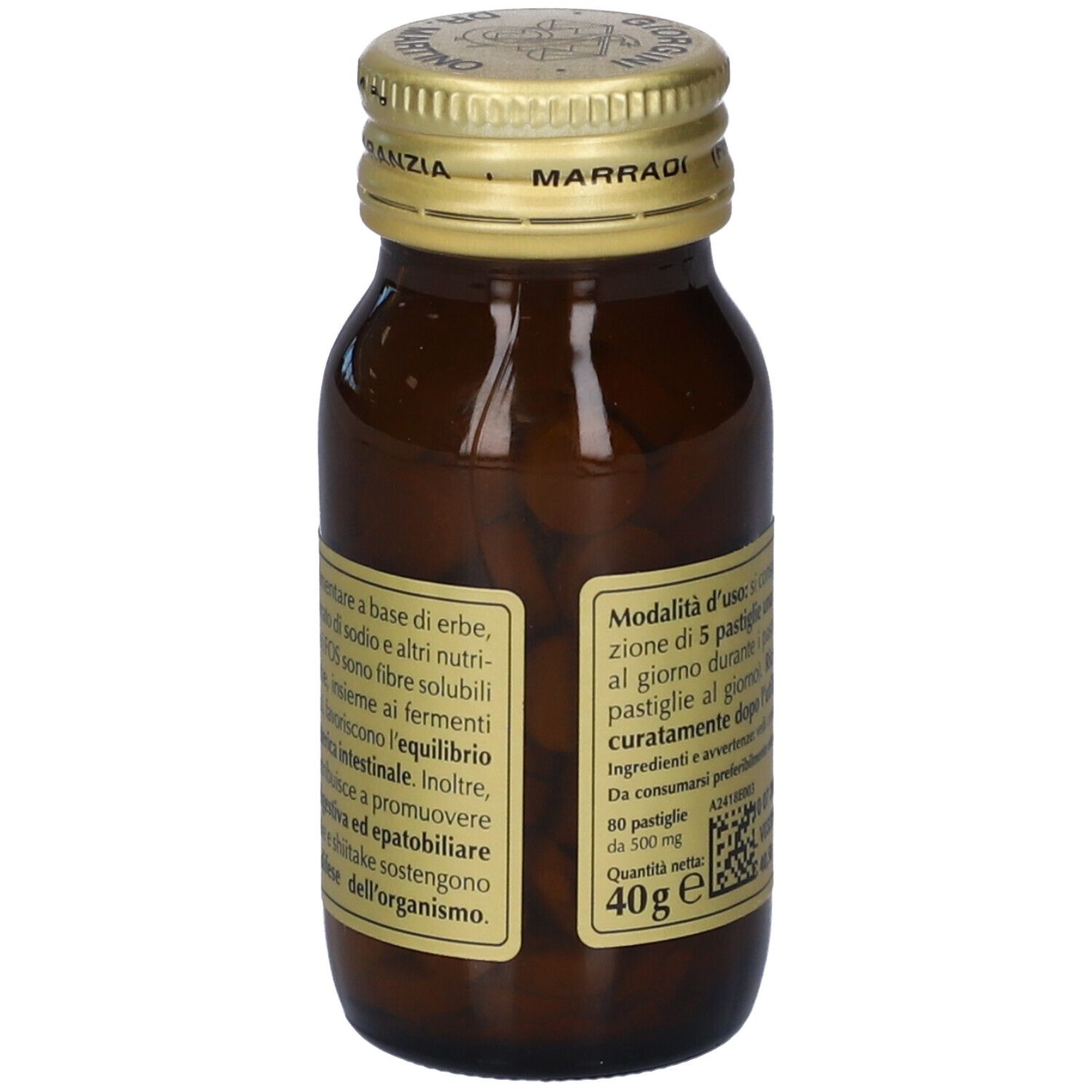 Vista laterale di un flacone in vetro ambrato con etichetta che elenca ingredienti e istruzioni d'uso.