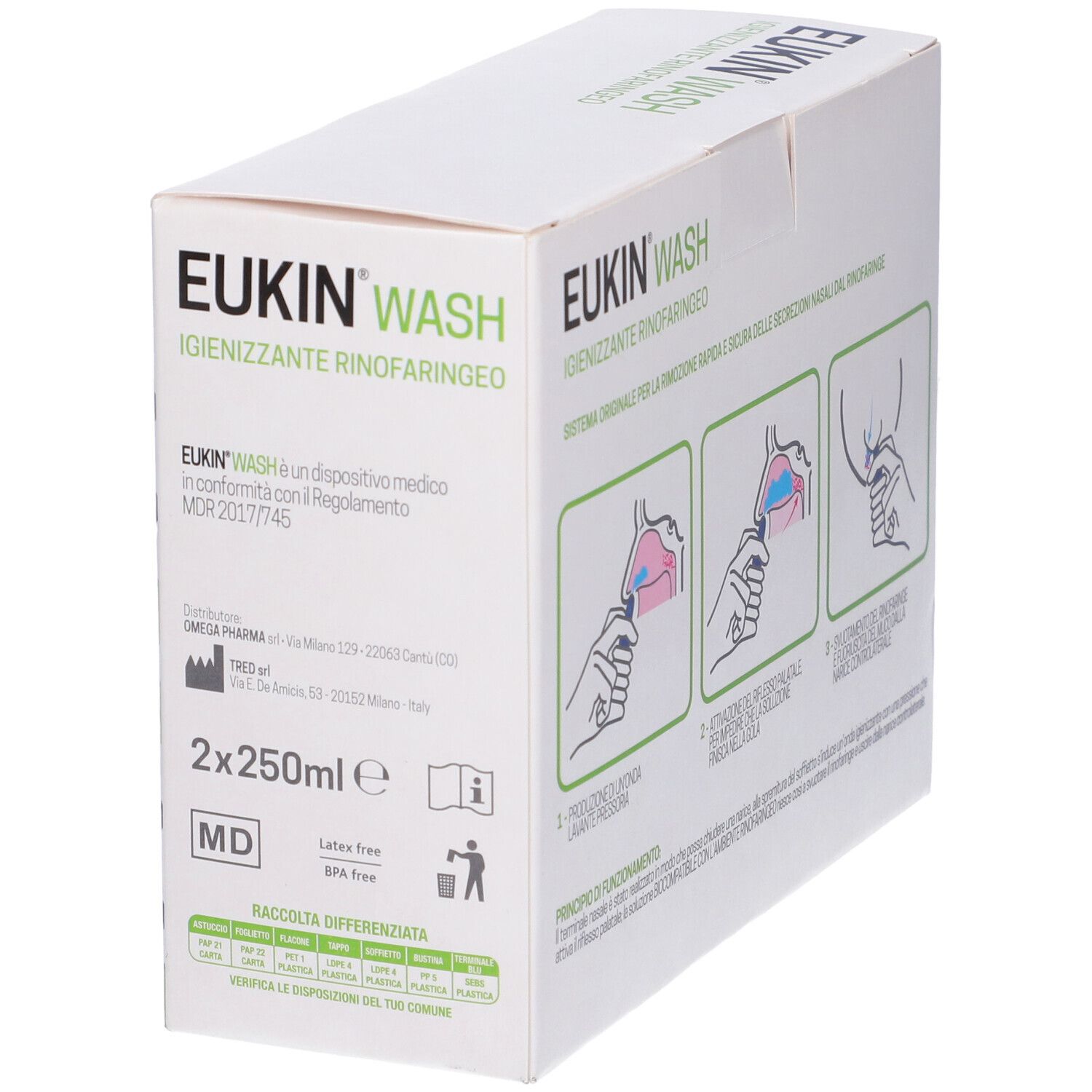 Eukin Wash Igienizzante Rinofaringeo Kit 2 Flaconi Da 250 Ml + Erogatore A Soffietto Nasale