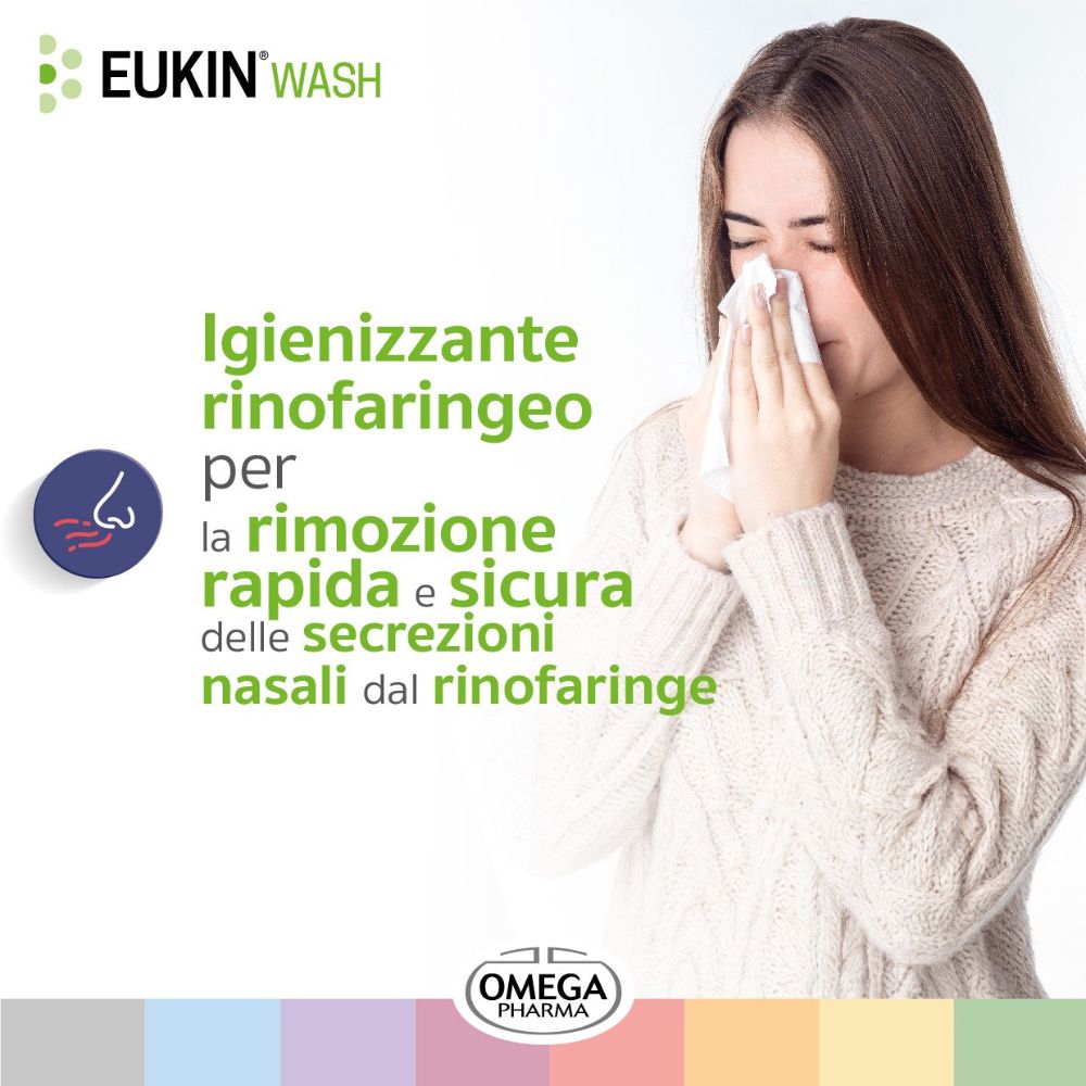 Pubblicità per Eukin® Wash. Donna con fazzoletto. Testo verde: pulizia nasale per secrezioni.