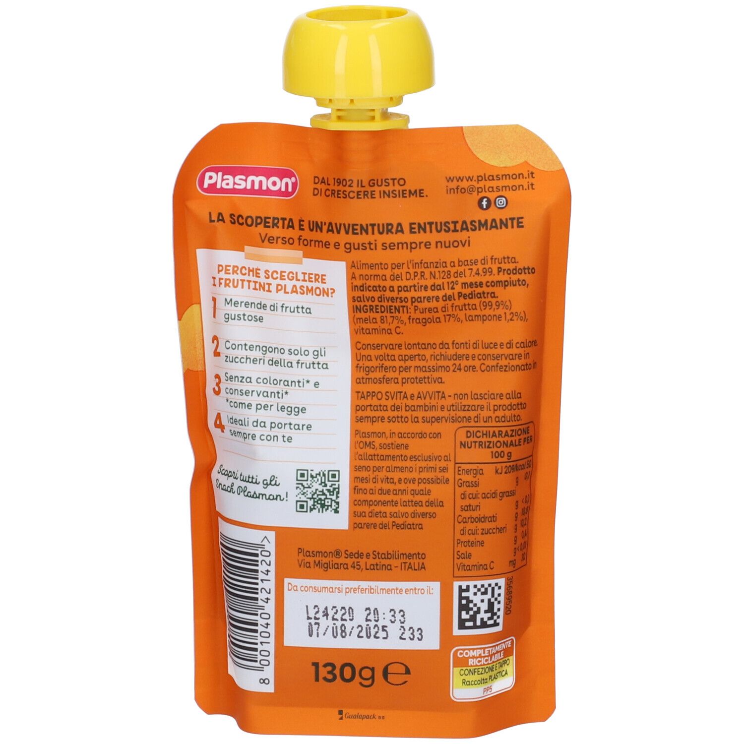 Plasmon I Fruttini Mela Fragola E Lampone 130 G