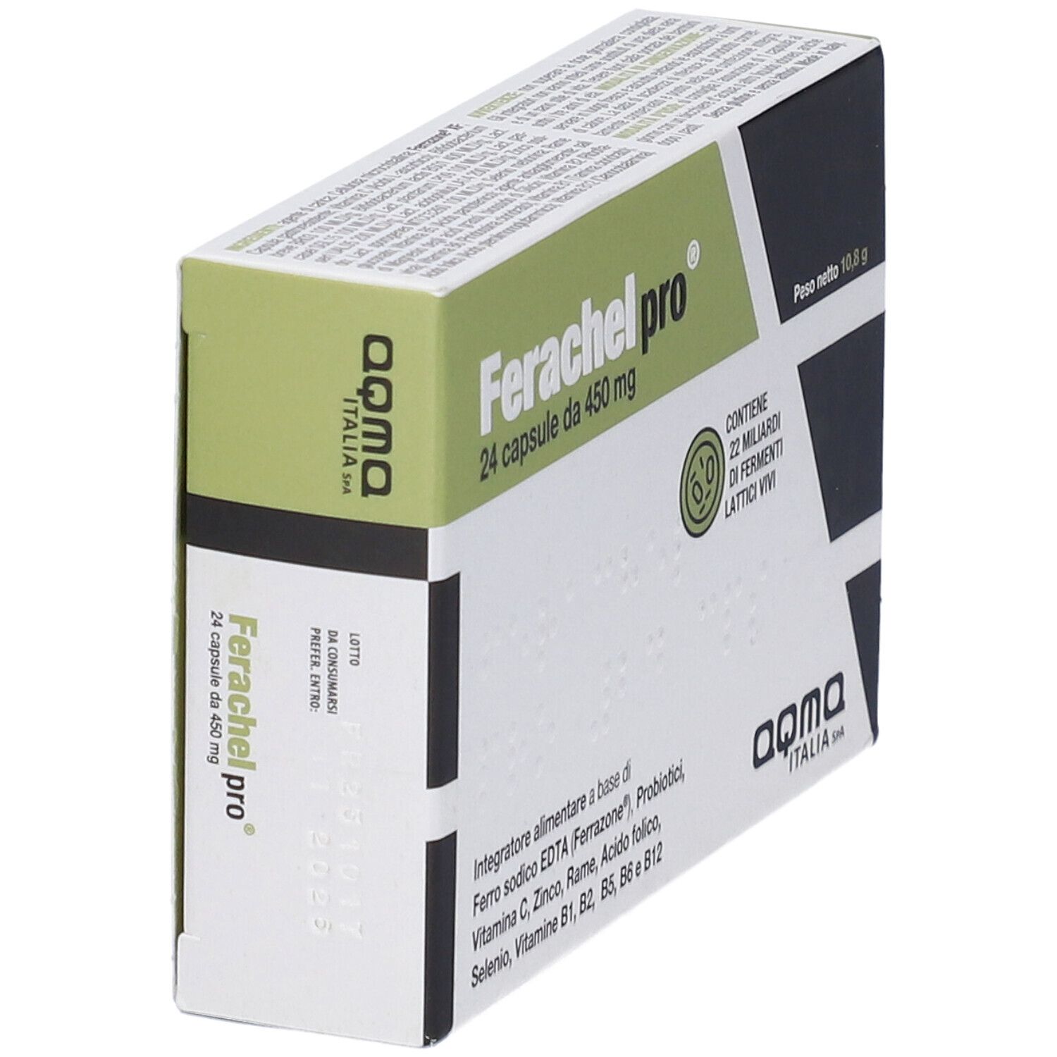 Scatola Ferachel pro, 24 capsule. Marchio aqma. Contiene 22 miliardi di fermenti lattici vivi.