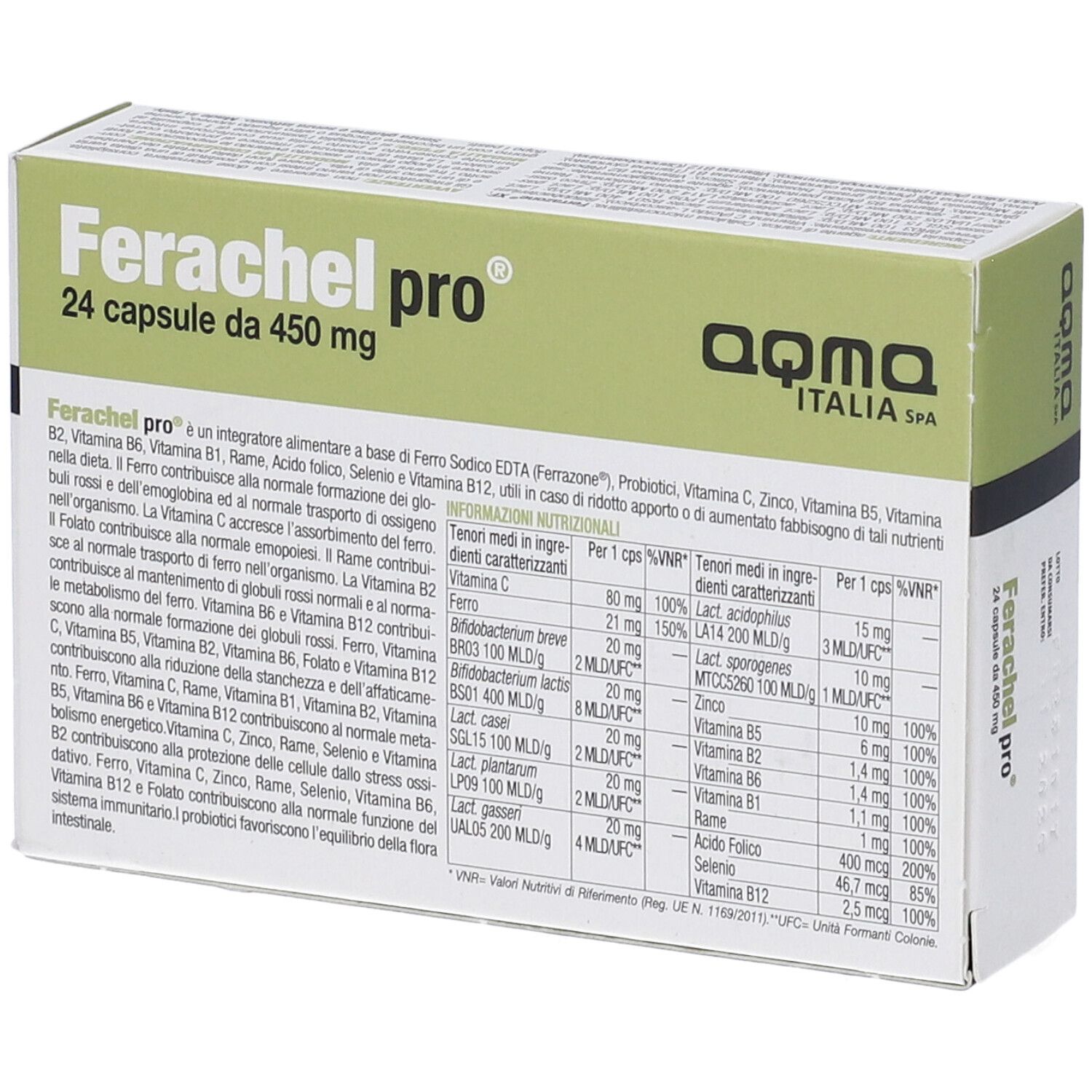 Scatola Ferachel pro, 24 capsule. Testo con ingredienti e informazioni nutrizionali. Marchio aqma.