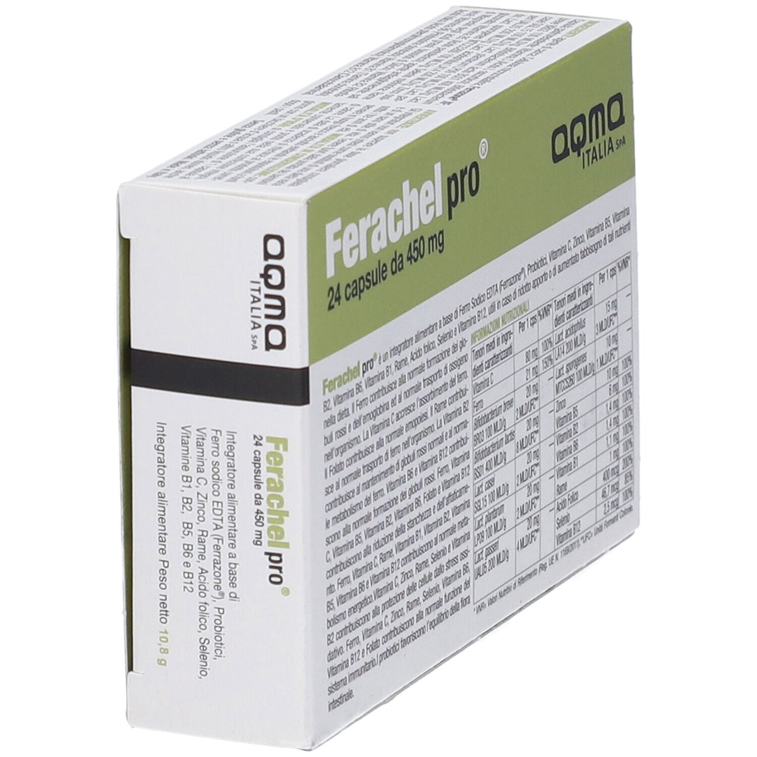 Scatola Ferachel pro, 24 capsule. Testo con ingredienti e informazioni nutrizionali. Marchio aqma.
