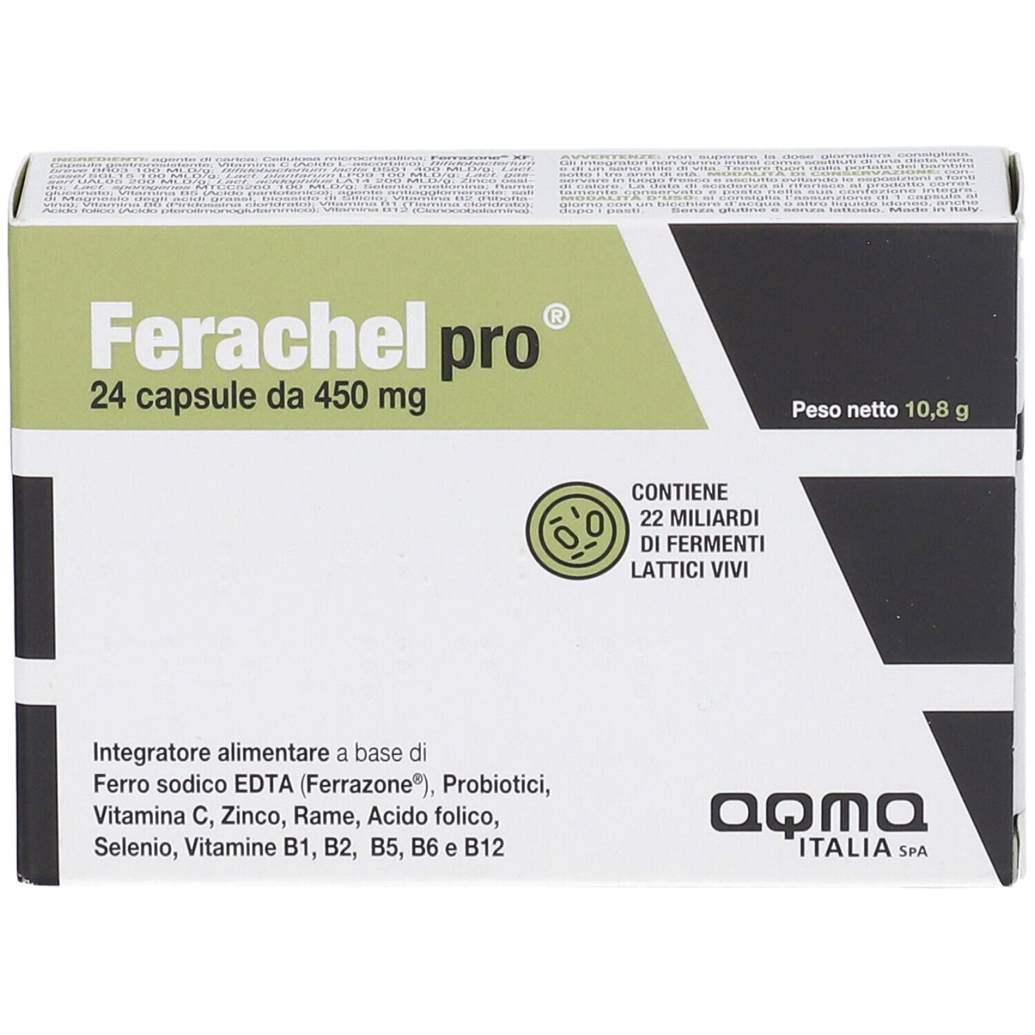 Scatola Ferachel pro, 24 capsule. Contiene 22 miliardi di fermenti lattici vivi. Marchio aqma.