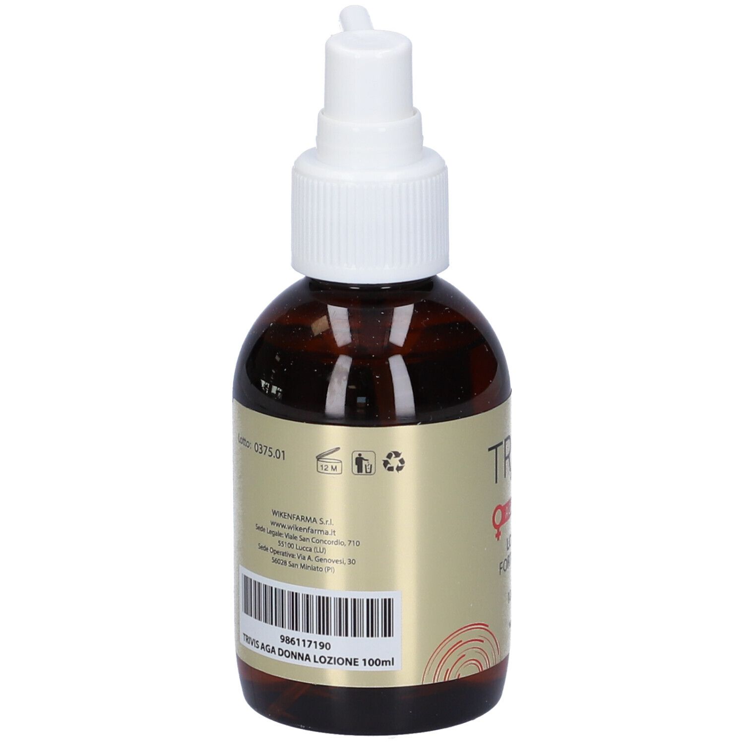 Flacone marrone con vaporizzatore bianco. Scritta TR/VIS, AGA DONNA, LOZIONE FORTIFICANTE. Retro con testo e codice a barre.