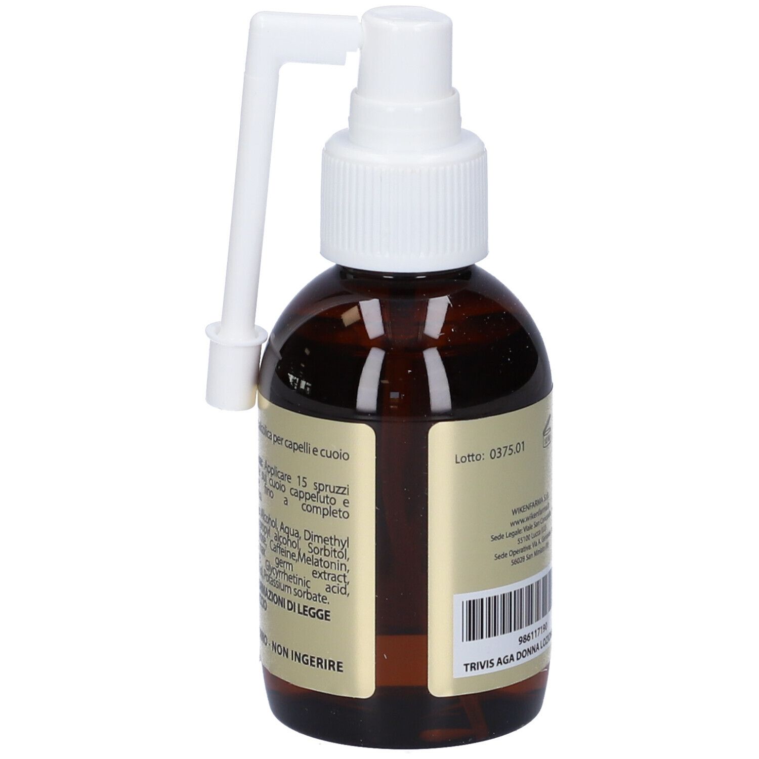 Flacone marrone con vaporizzatore bianco. Scritta TR/VIS, AGA DONNA, LOZIONE FORTIFICANTE. Retro con ingredienti.