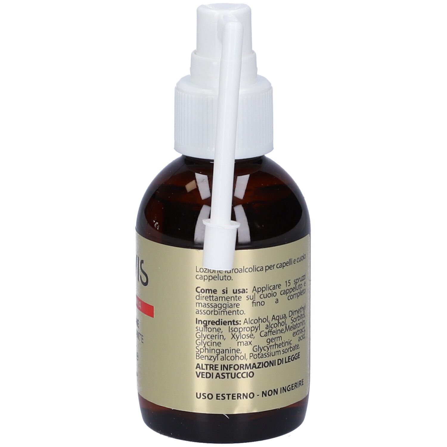 Flacone marrone con vaporizzatore bianco. Scritta TR/VIS, AGA DONNA, LOZIONE FORTIFICANTE. Retro con istruzioni per l'uso.