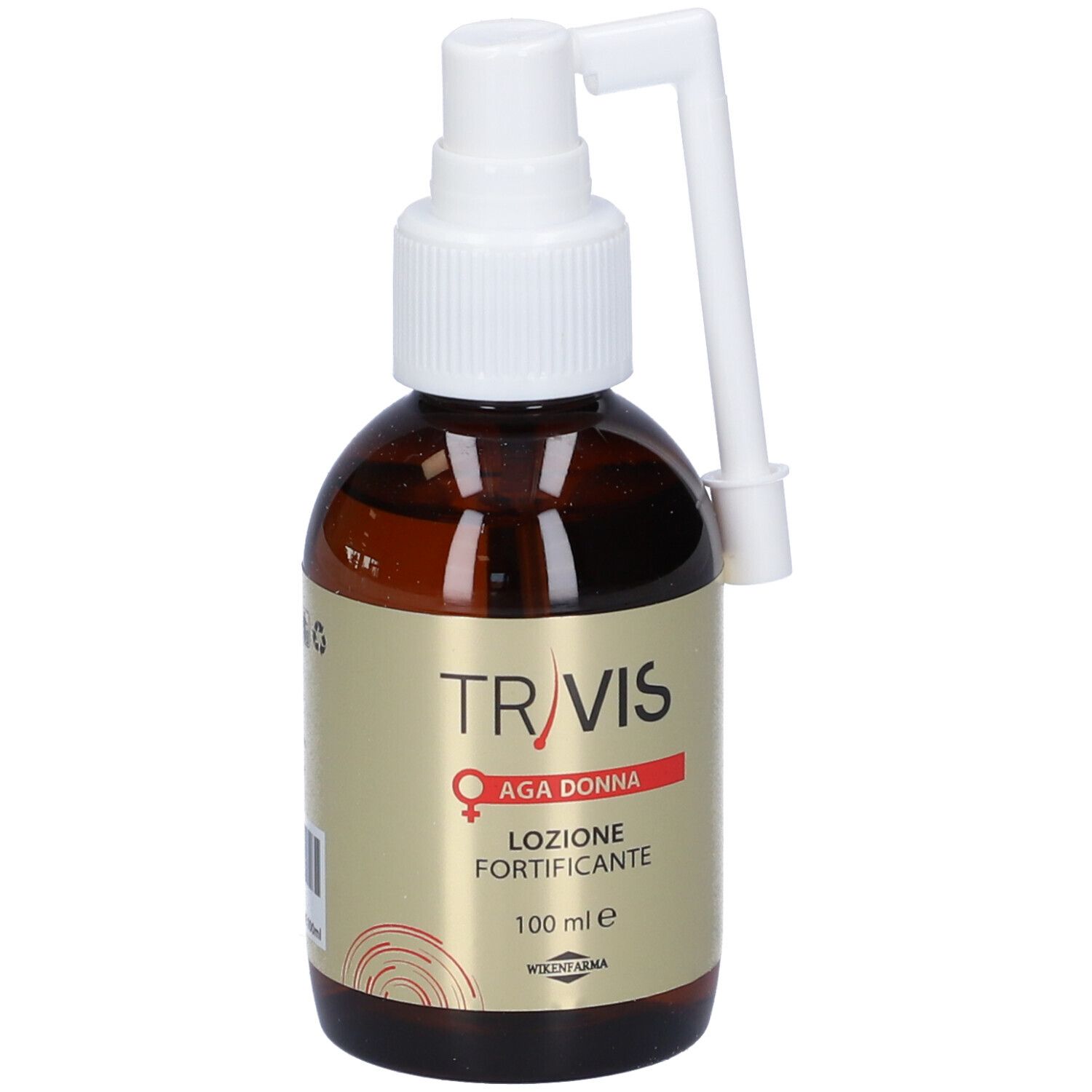 Flacone marrone con vaporizzatore bianco. Scritta TR/VIS, AGA DONNA, LOZIONE FORTIFICANTE. Con applicatore.