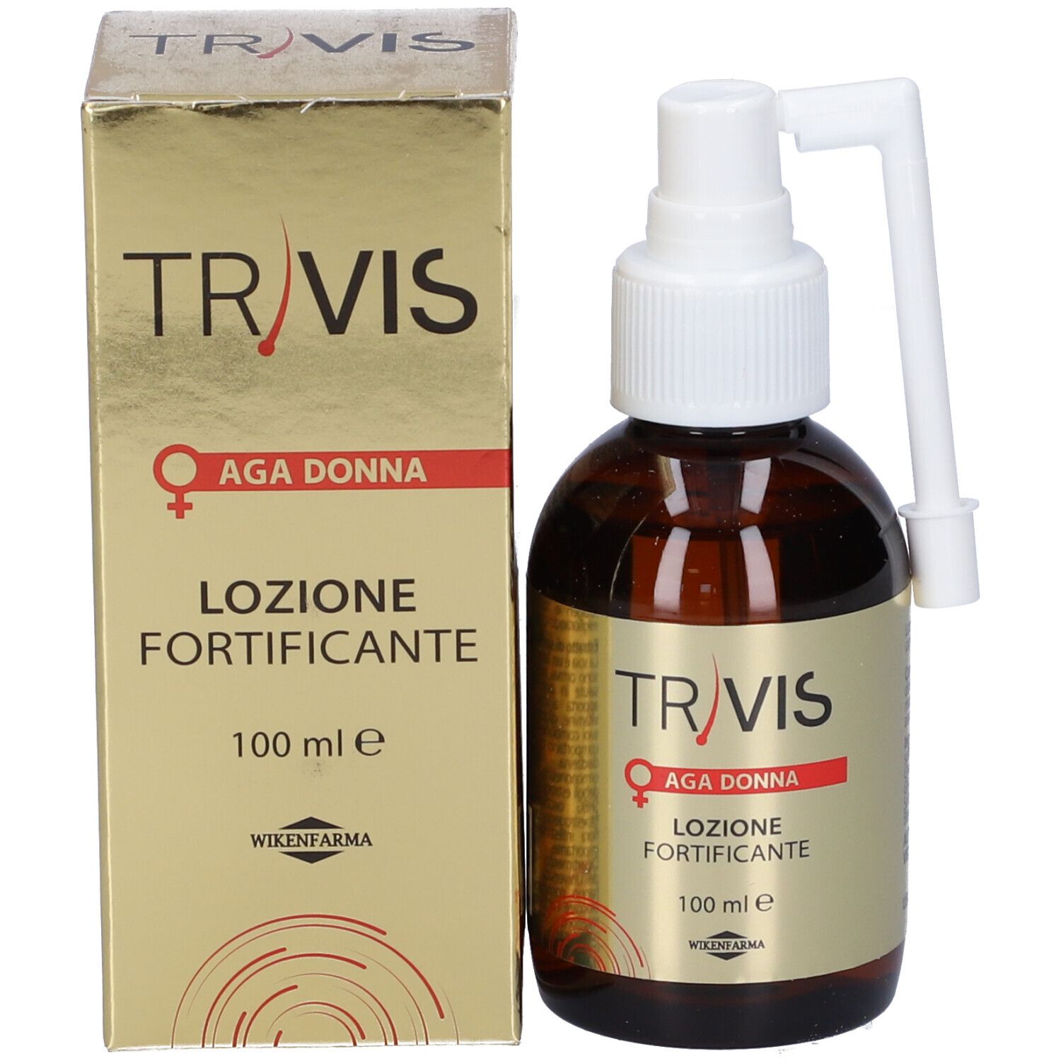 Flacone e confezione del prodotto. Scritta TR/VIS, AGA DONNA, LOZIONE FORTIFICANTE. Con applicatore.