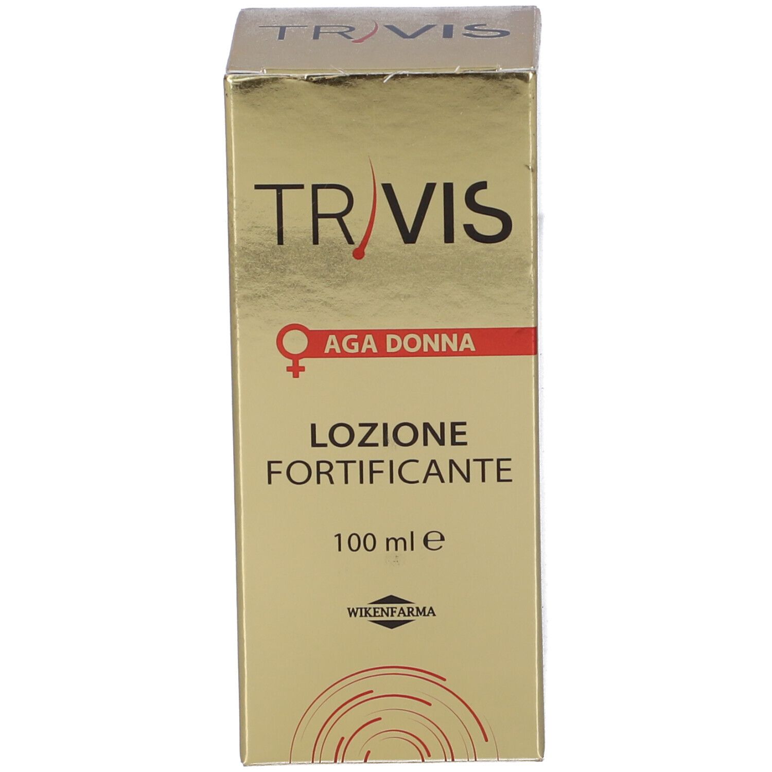 Confezione del prodotto. Scritta TR/VIS, AGA DONNA, LOZIONE FORTIFICANTE. Dorata con testo rosso.