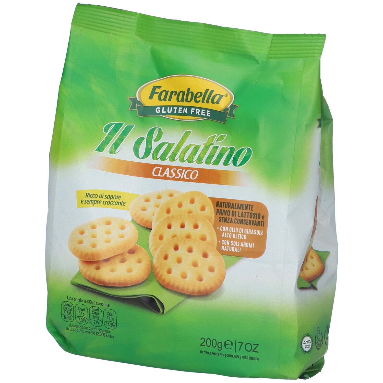 Confezione verde di cracker senza glutine. Scritta: Farabella, Il Salatino Classico. Immagine del prodotto.