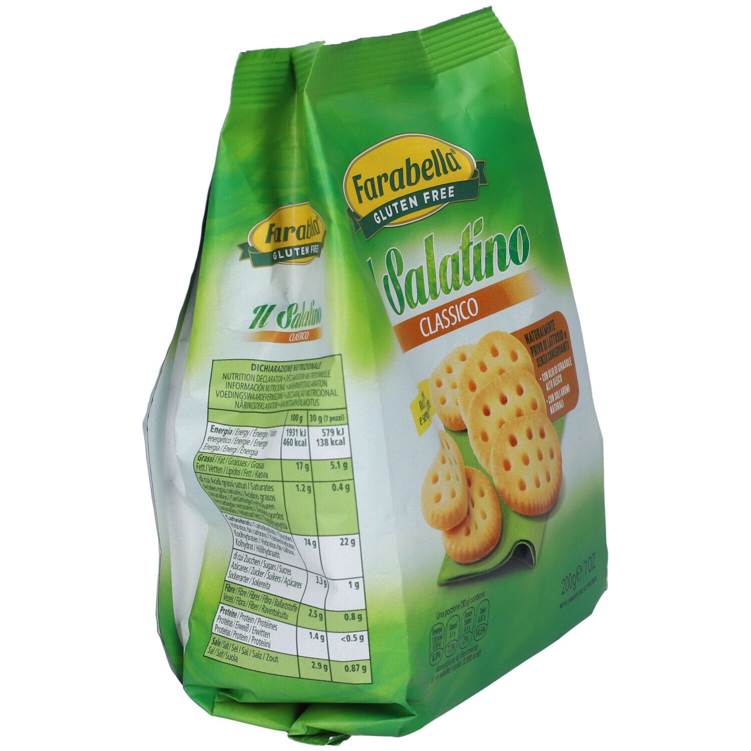 Confezione verde di cracker senza glutine. Scritta: Farabella, Il Salatino Classico. Informazioni nutrizionali.