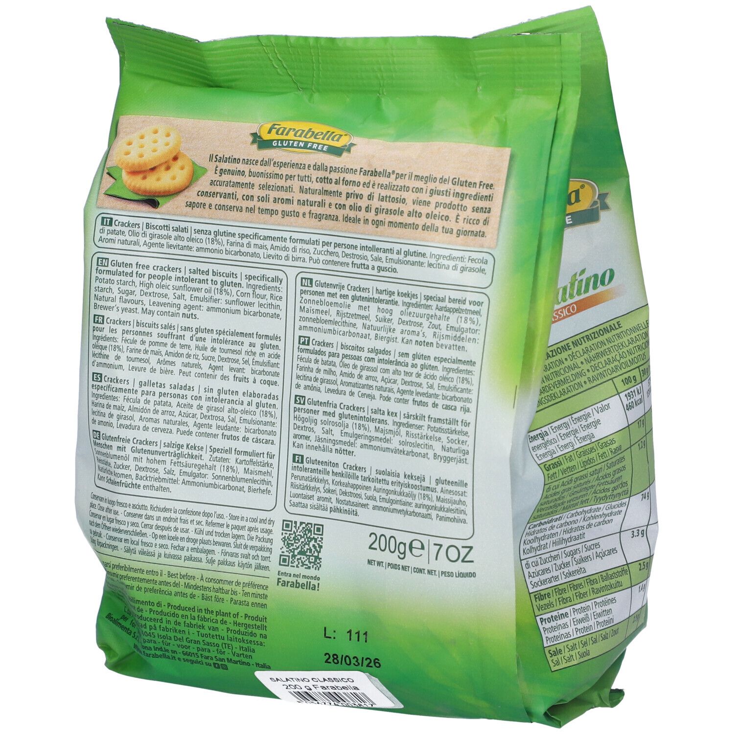 Retro della confezione verde di cracker senza glutine. Testo e informazioni nutrizionali. Scritta: Farabella.