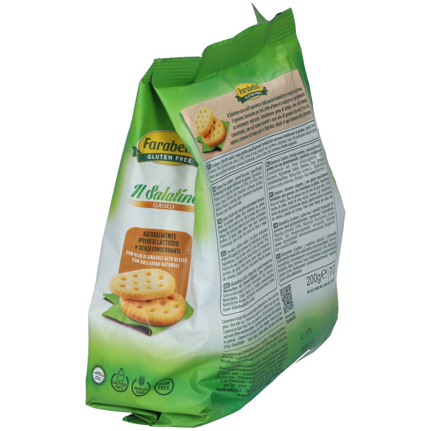Confezione verde di cracker senza glutine. Scritta: Farabella, Il Salatino Classico. Immagine del prodotto e testo.